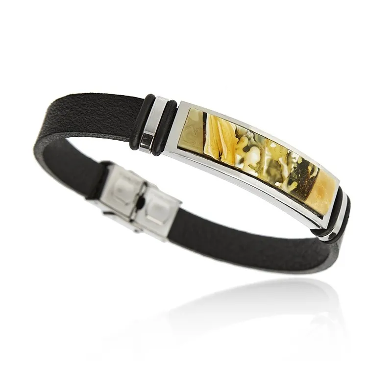 Śliczna bransoletka na skórze z mozaikowym bursztynem