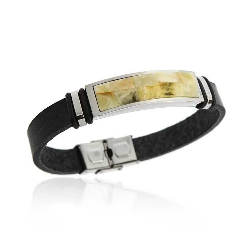 Bransoletka ze skóry i stali szlachetnej  z żółto - zielonym bursztynem