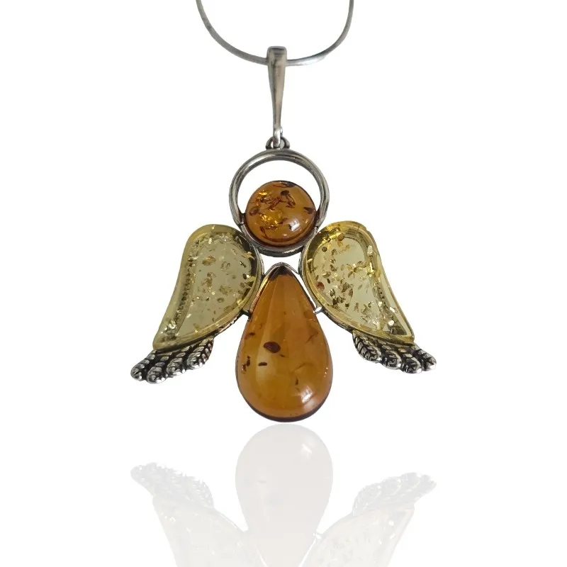Srebrna zawieszka aniołek z  bursztynem