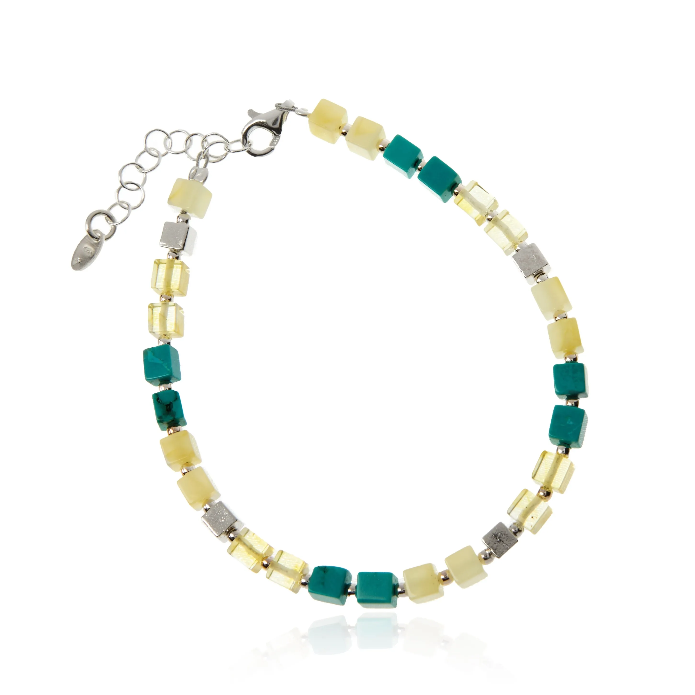Bransoletka srebrna  z żółto - białym bursztynem i turkusem - kosteczki