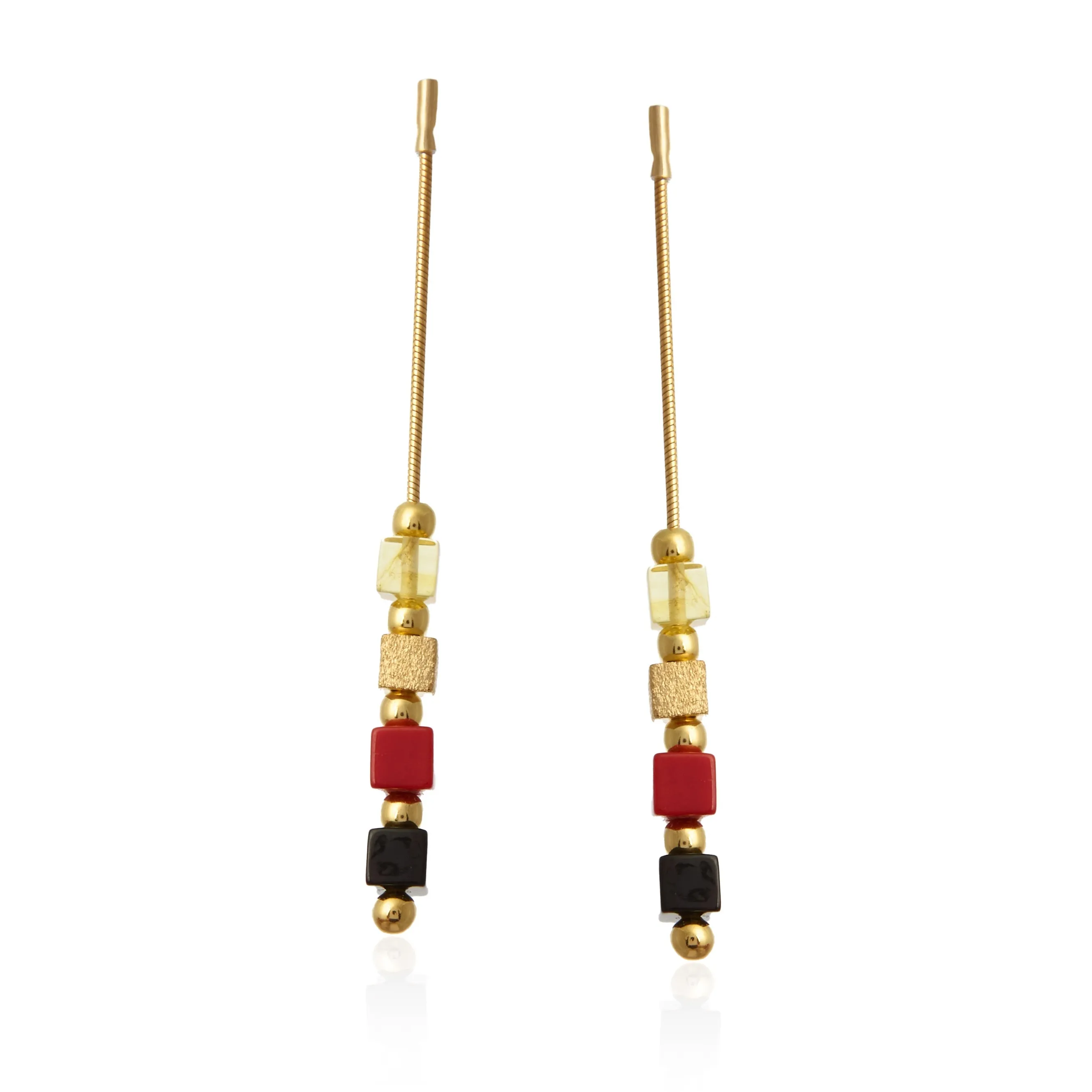 Kolczyki srebrne  pozłacane z żółtym i wiśniowym bursztynem oraz czerwonym koralem