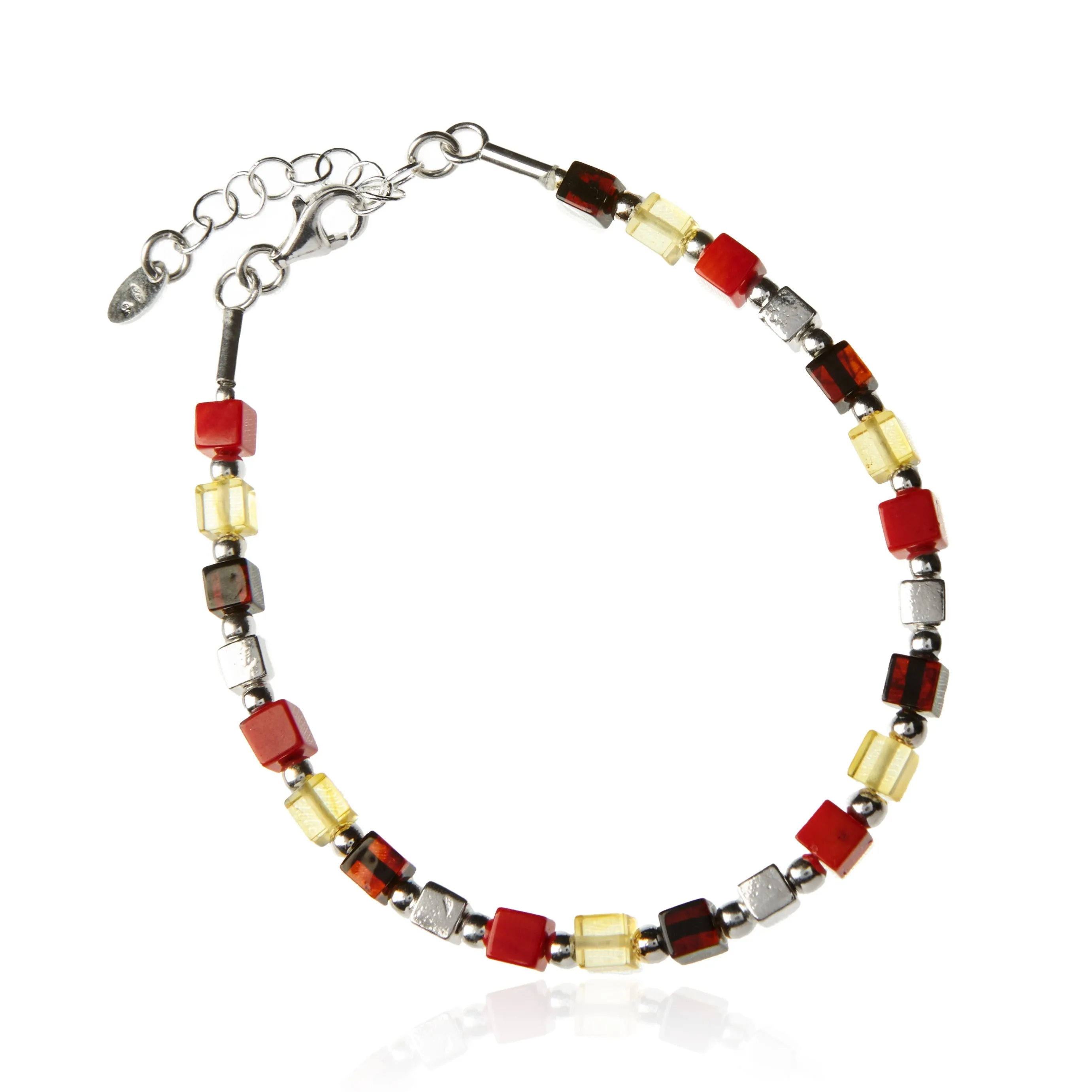 Bransoletka srebrna satynowana kosteczka z  wiśniowym i cytrynowym bursztynem oraz czerwonym koralem