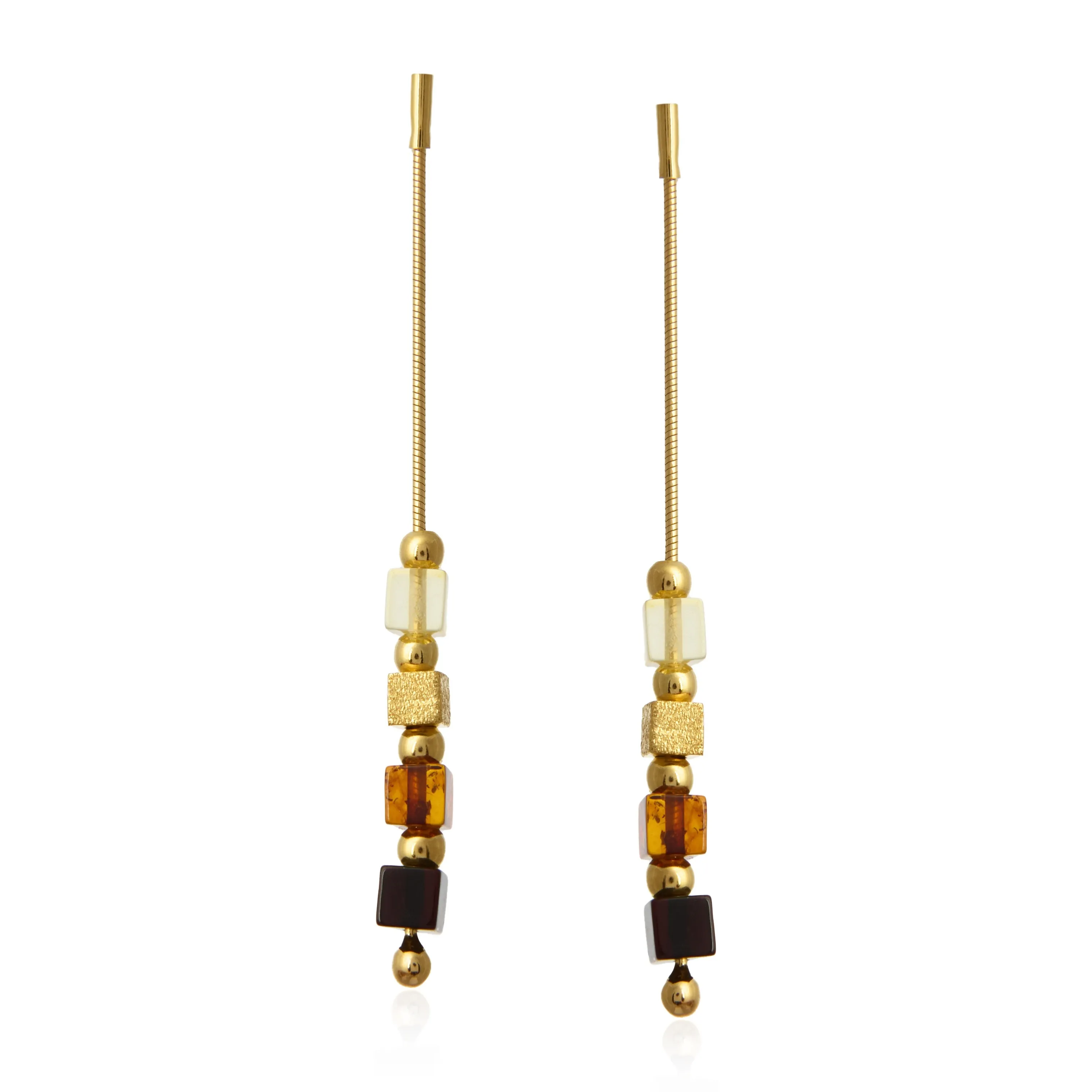 Kolczyki srebrne pozłacane kosteczki z wiśniowym, cytrynowym  i koniakowym bursztynem