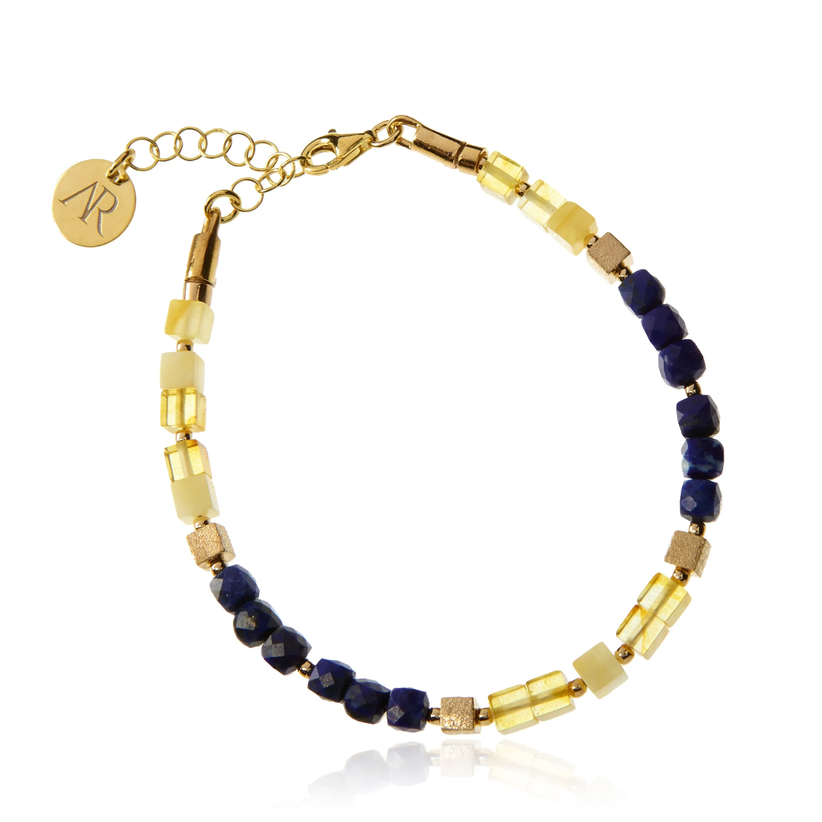 Bransoletka srebrna pozłacana satynowana z białym i cytrynowym bursztynem  oraz lapis lazuli