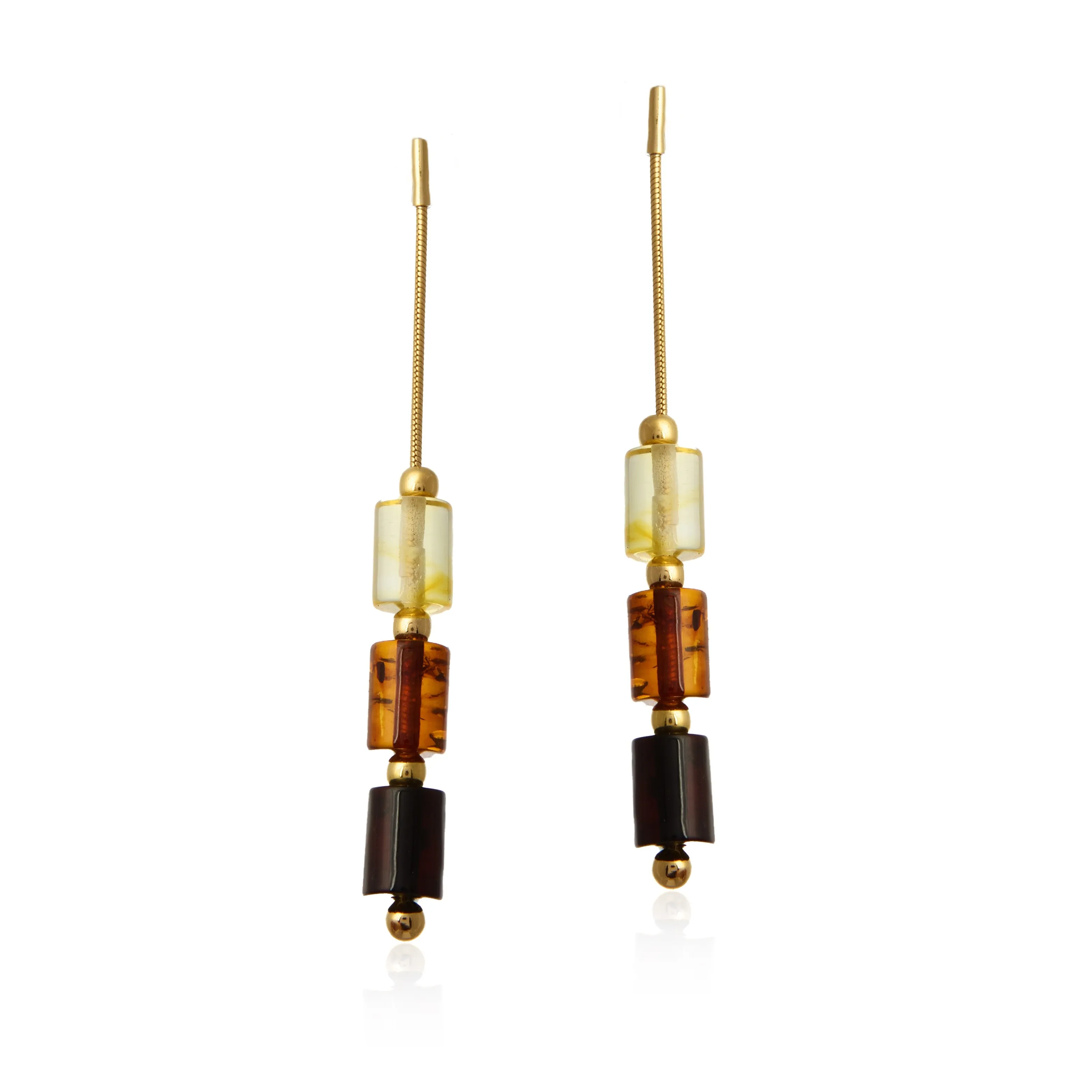Efektowne kolczyki srebrne pozłacane z 3 kolorami bursztynu w kształcie walca