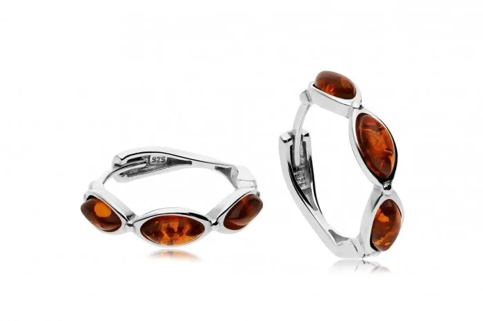 Kolczyki srebrne z koniakowym bursztynem kółka