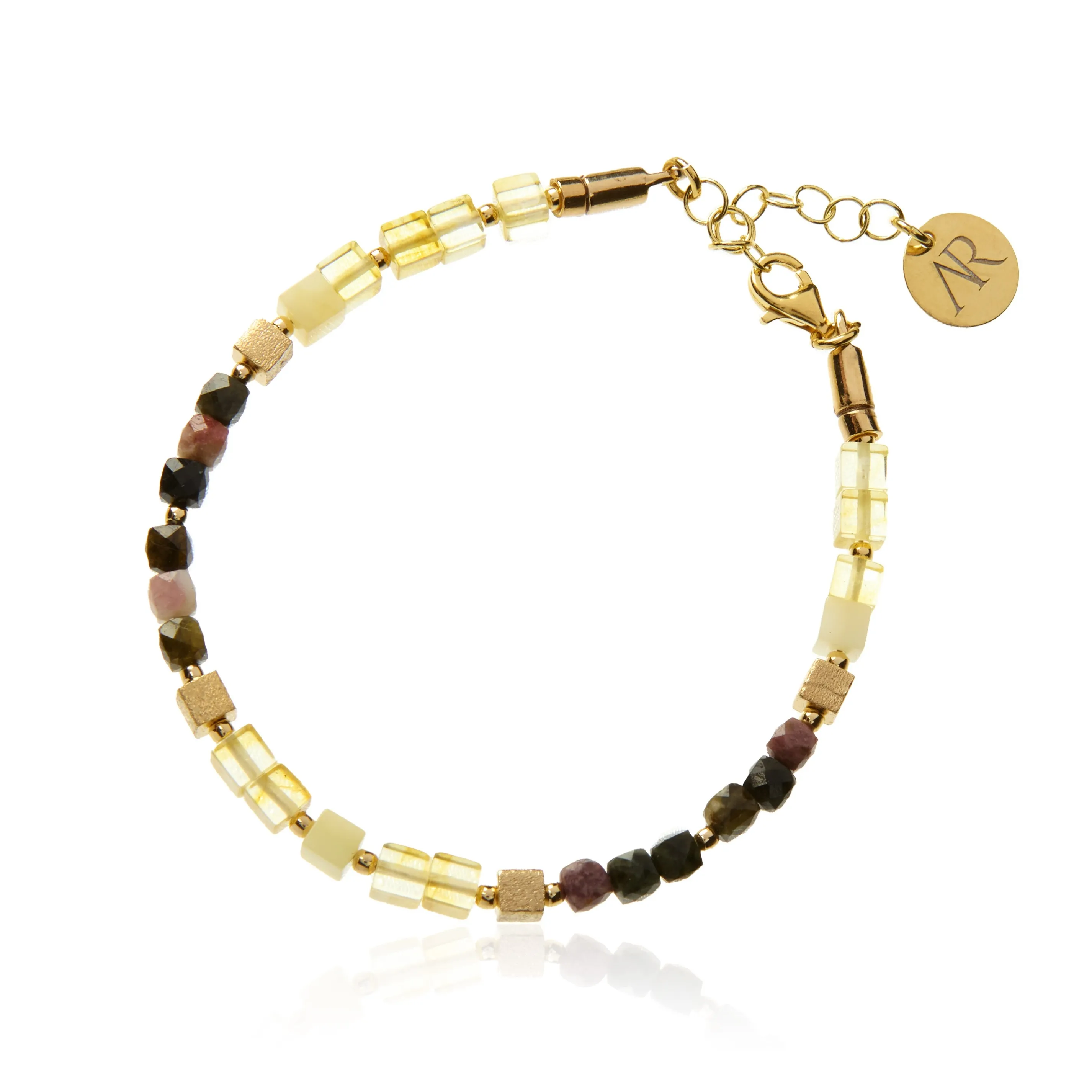 Branoletka srebrna pozłacana satynowana  kostki  z białym i cytrynowym bursztynem oraz turmalinem