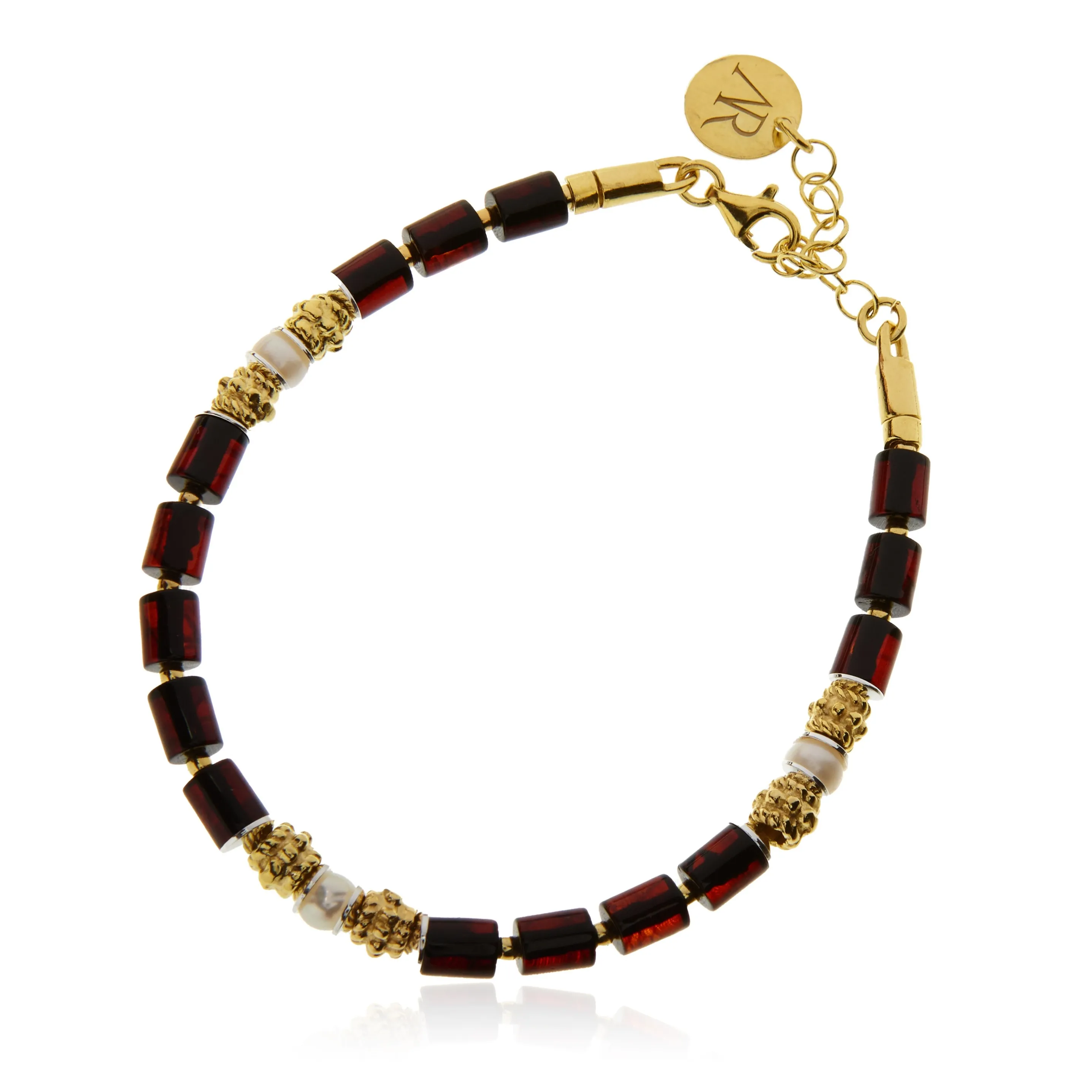 Niezwykle elegancka bransoletka srebrna pozłacana  z  wiśniowym bursztynem oraz perłami