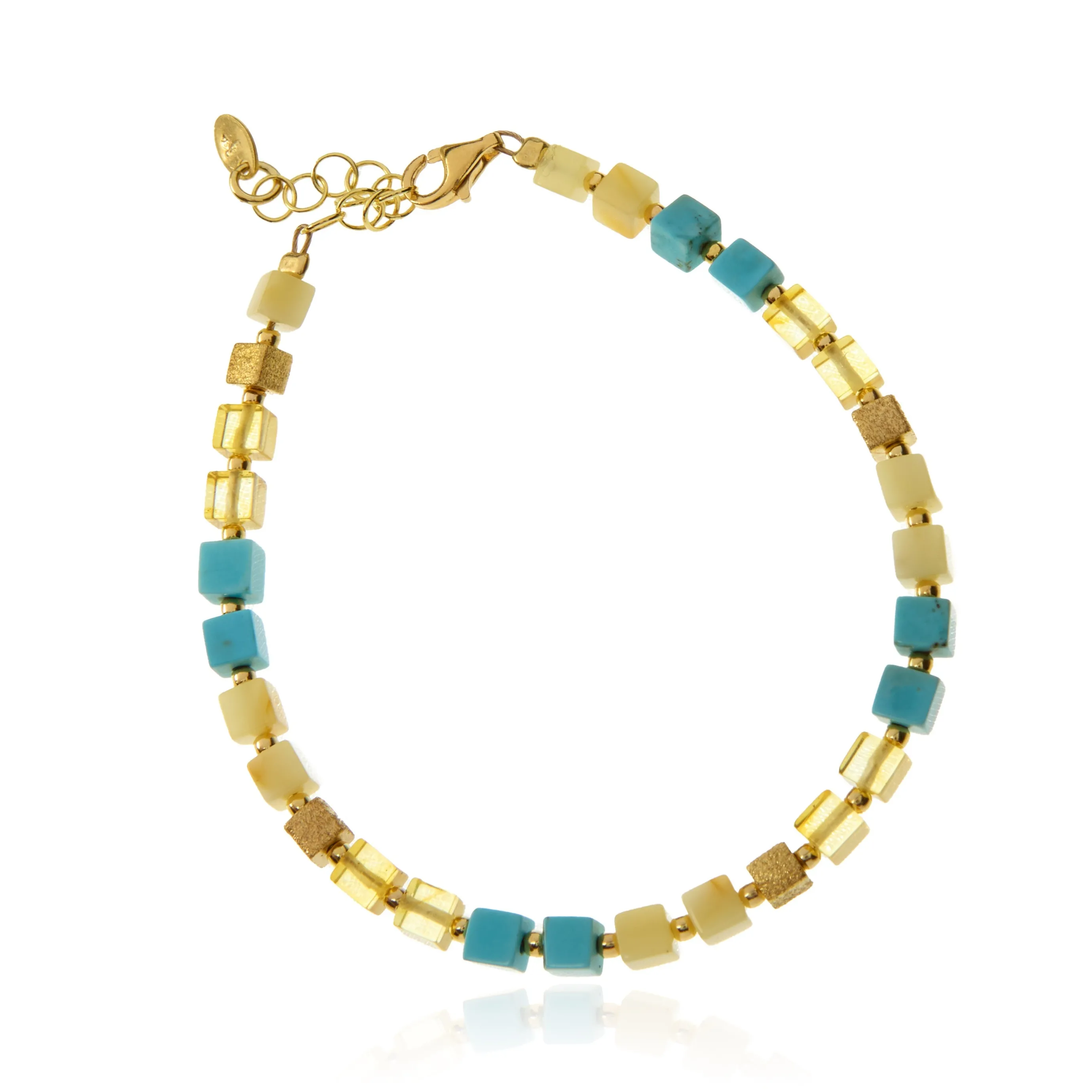 Bransoletka srebrna  pozłacana  z żółto - białym bursztynem i turkusem - kosteczki