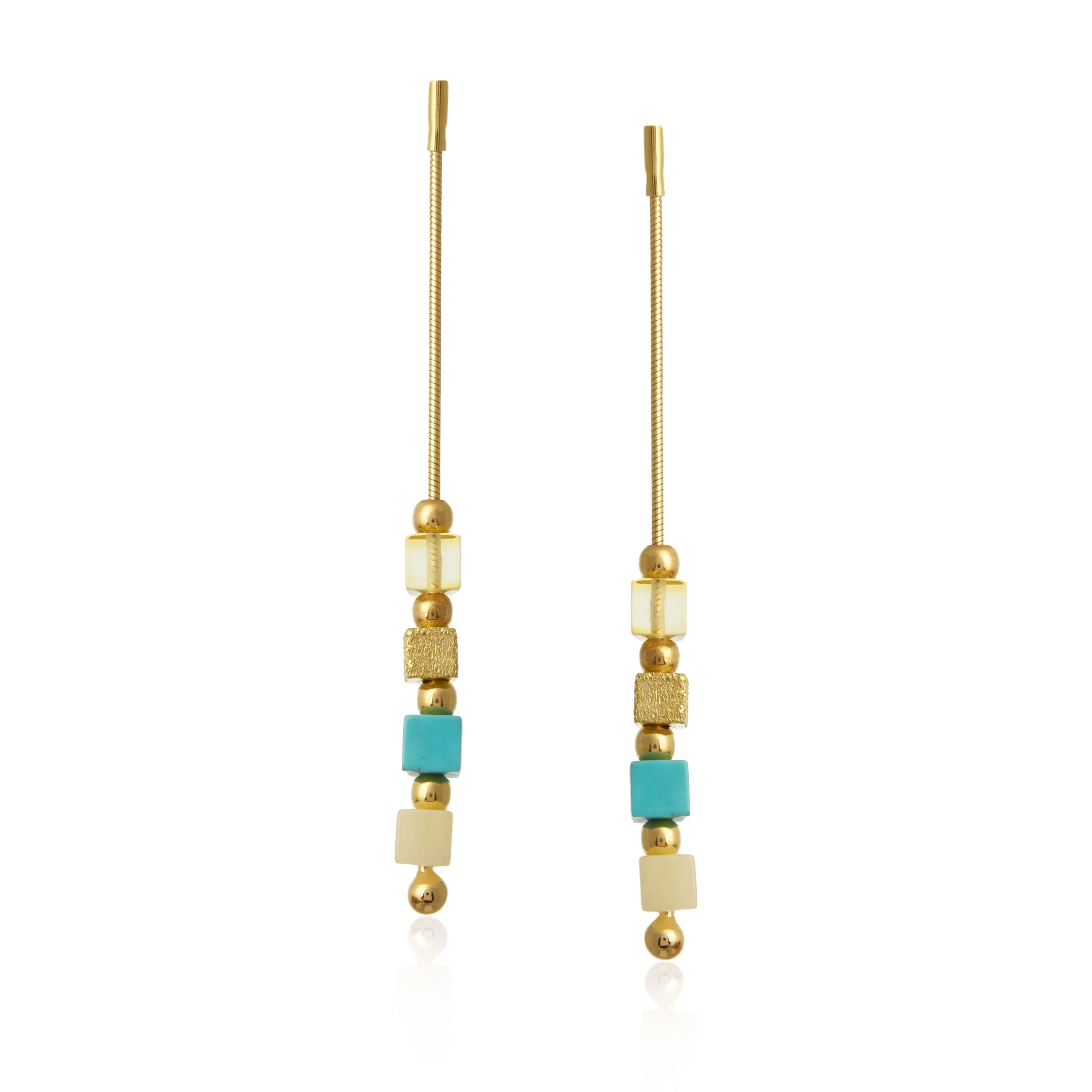 Kolczyki srebrne pozłacane  z żółtym bursztynem, koralem i turkusem