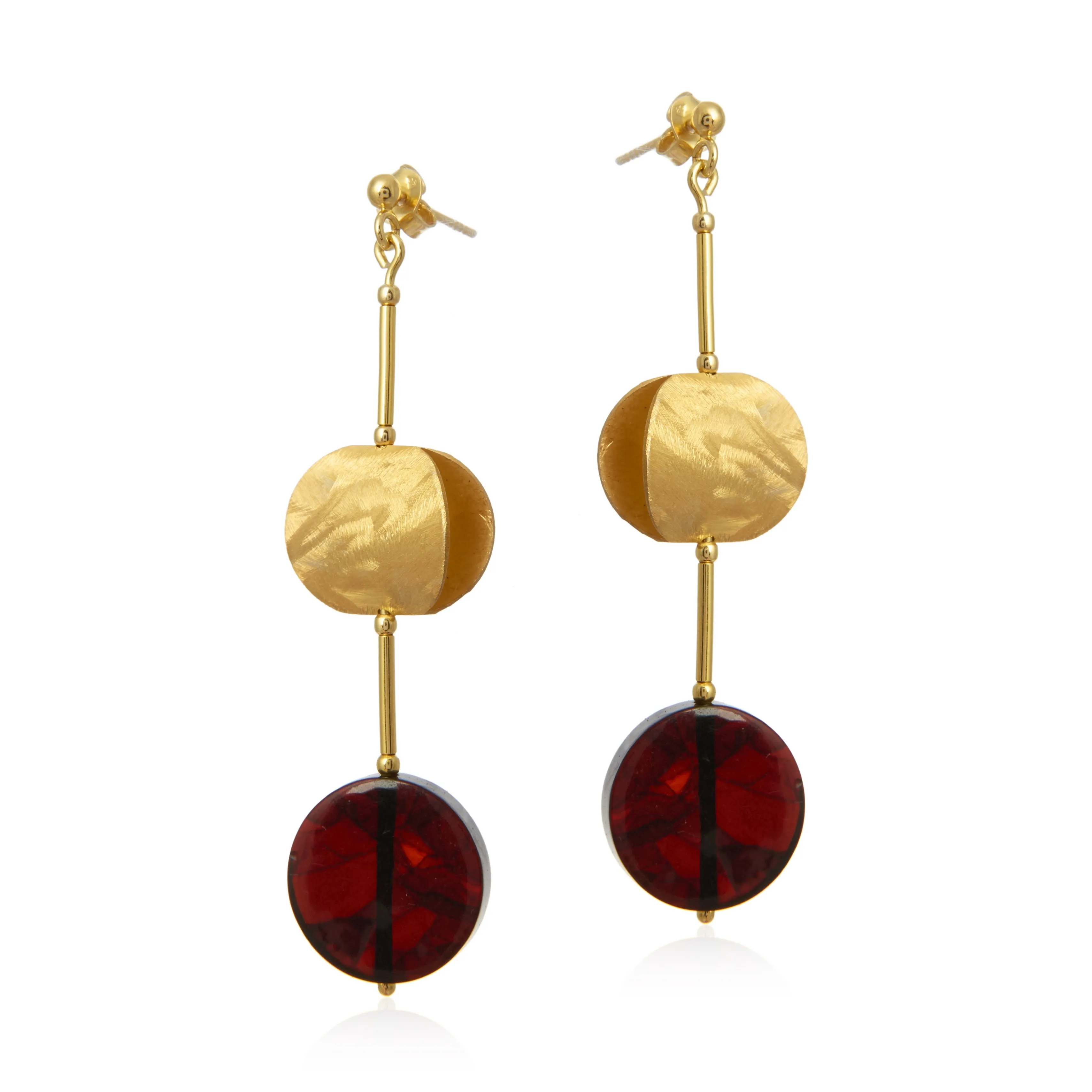 Oryginalne widowiskowe kolczyki z bursztynowym kółkiem srebro pozłacane -  szczotkowane srebro