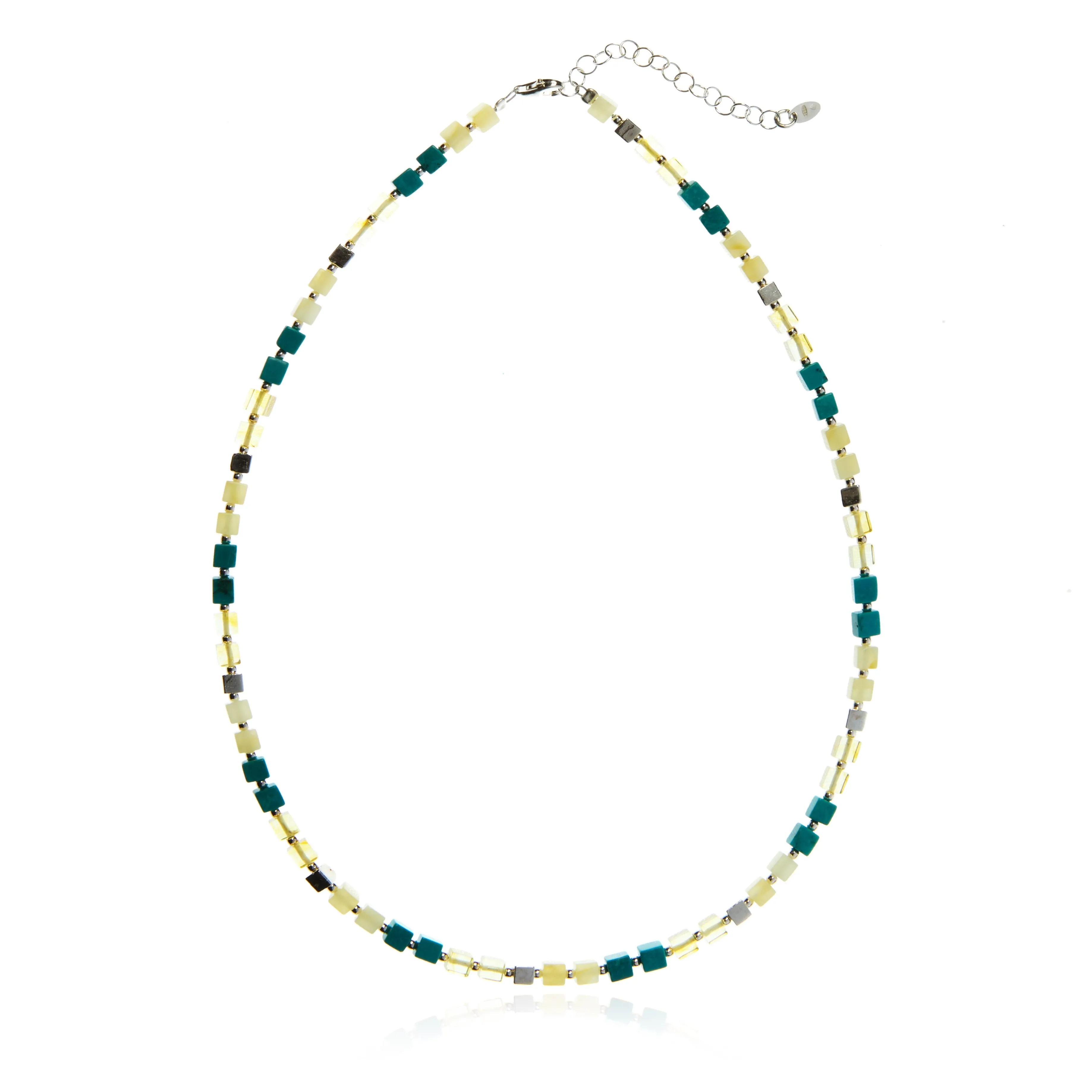 Naszyjnik srebrny kostka z bursztynem  oraz turkusem