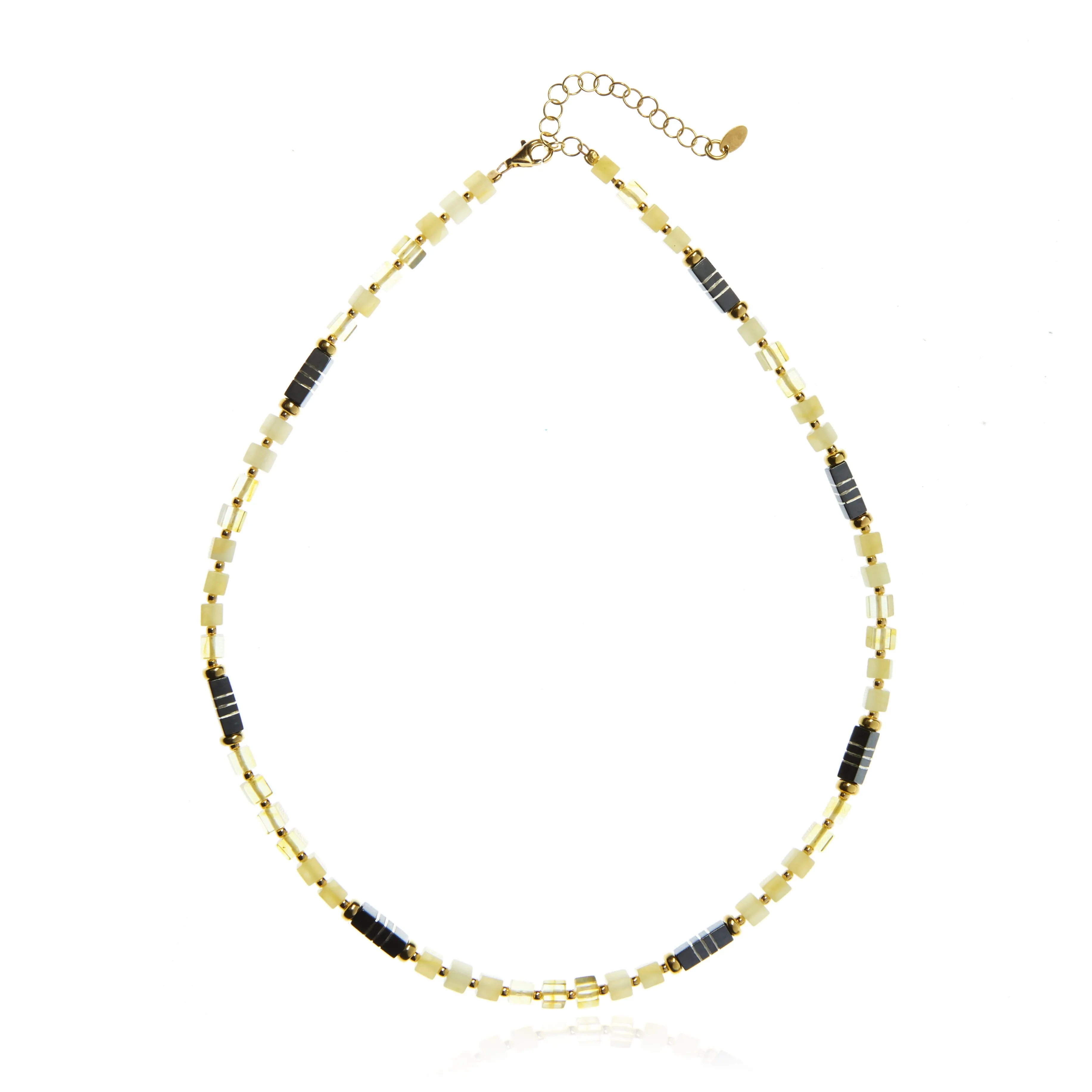 Naszyjnik srebrny pozłacany i oksydowany  z cytrynowym i mlecznym bursztynem