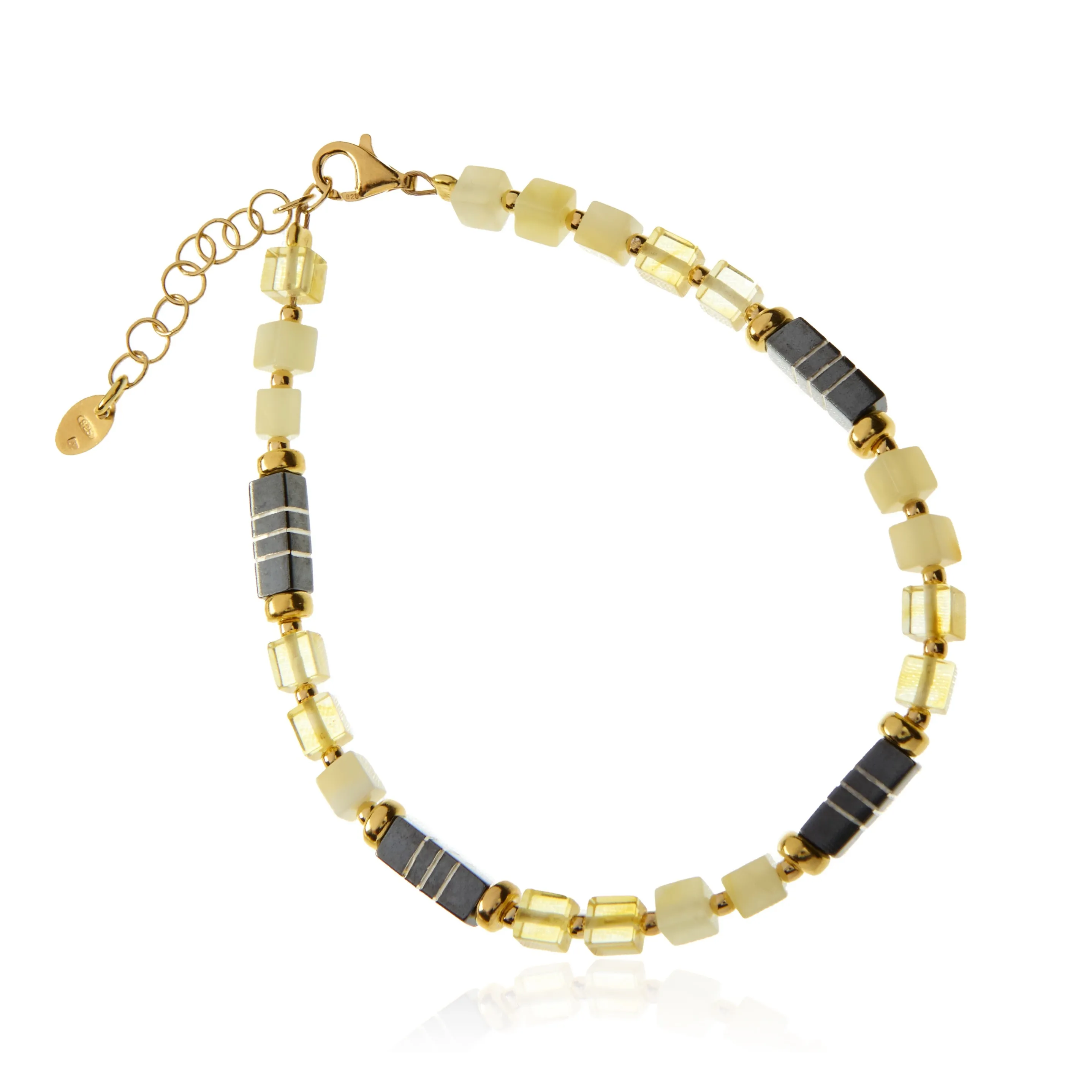 Bransoletka z oksydowanym  i pozłacanym srebrem  cytrynowym  i mlecznym bursztynem