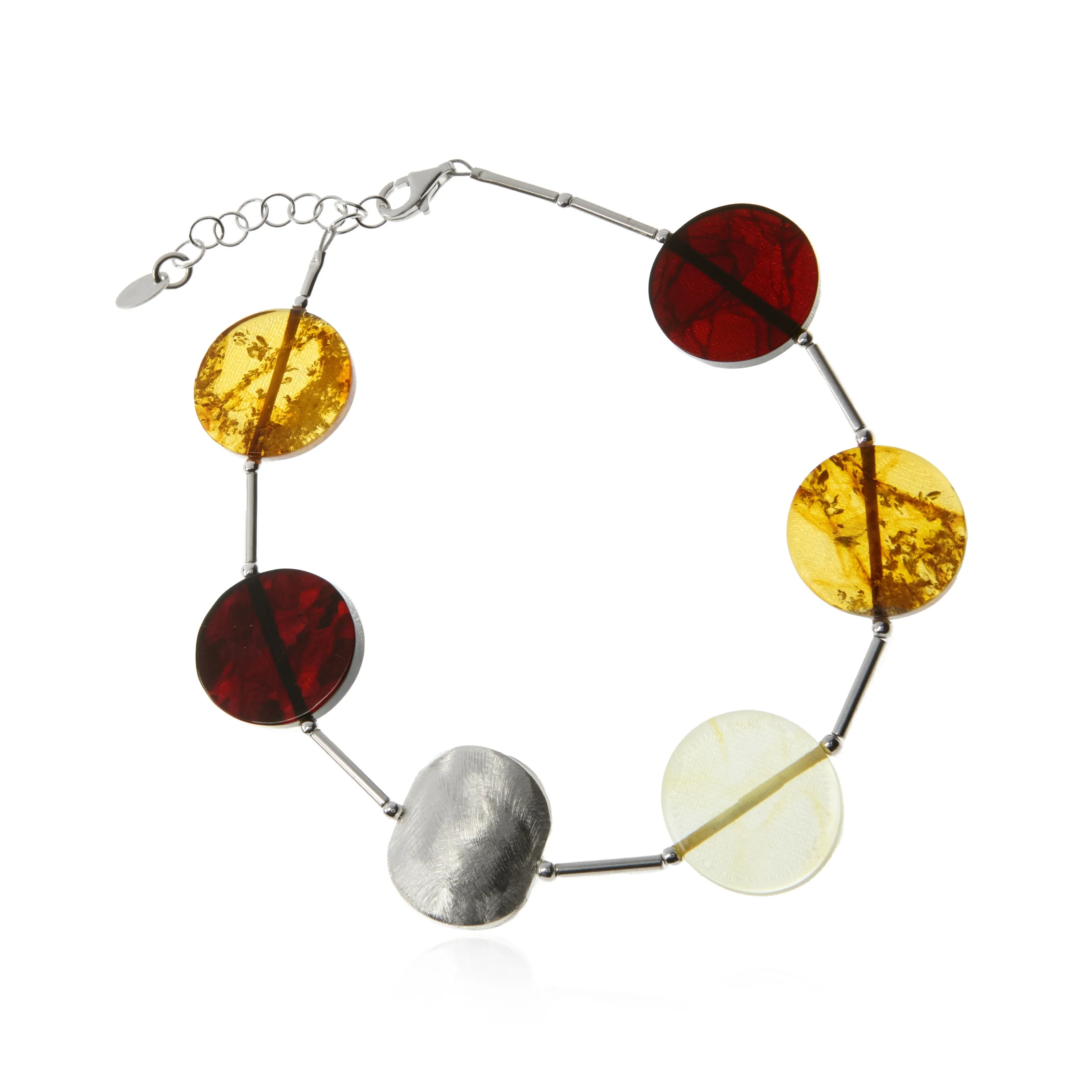 Bransoletka srebrna  z kółeczkami w trzech kolorach bursztynu