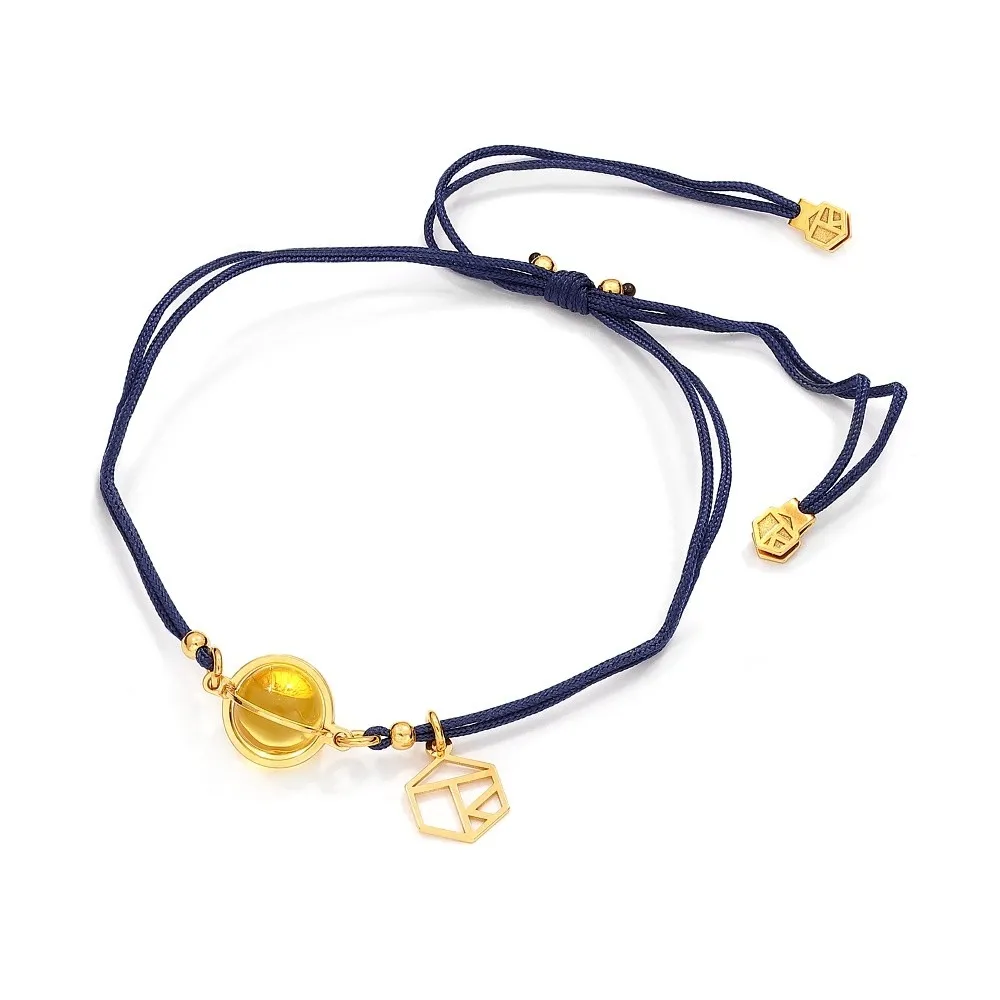 Bransoletka srebrna pozłacana qle z żółtym bursztynem na czarnym sznureczku