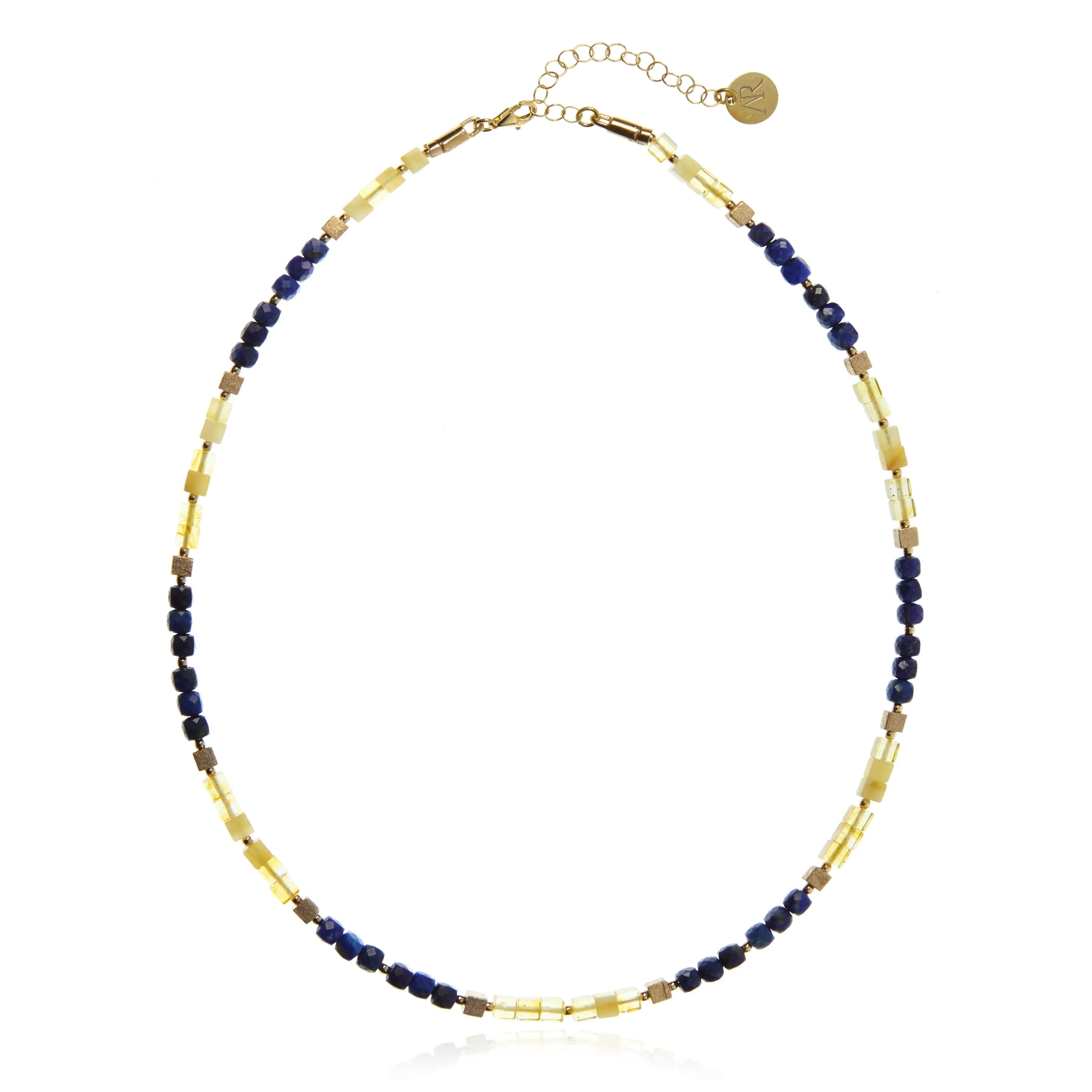 Naszyjnik srebrny pozłacany kostka satynowana z białym i cytrynowym bursztynem oraz lapis lazuli