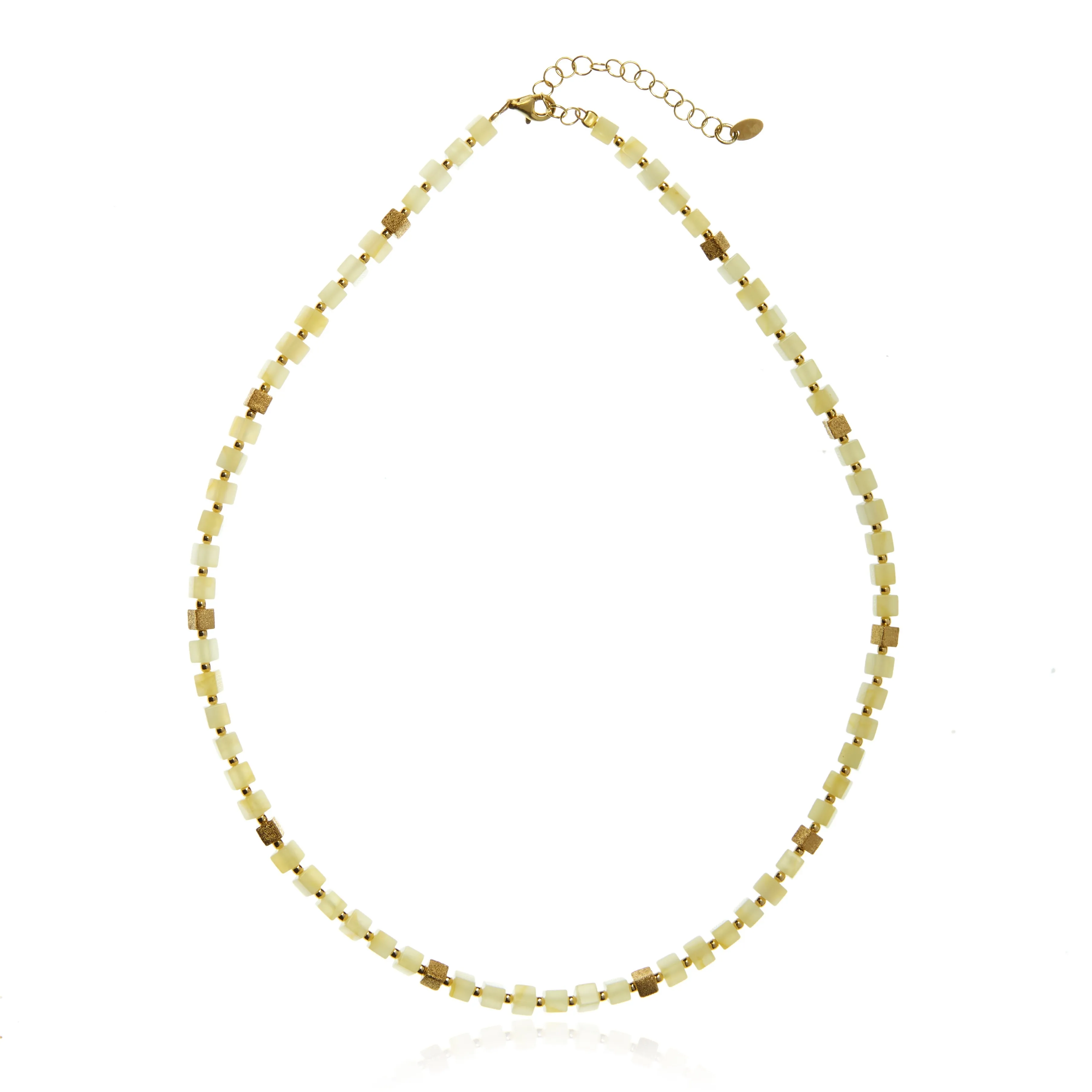 Naszyjnik srebrny pozłacany kostka satynowana z białym i cytrynowym bursztynem