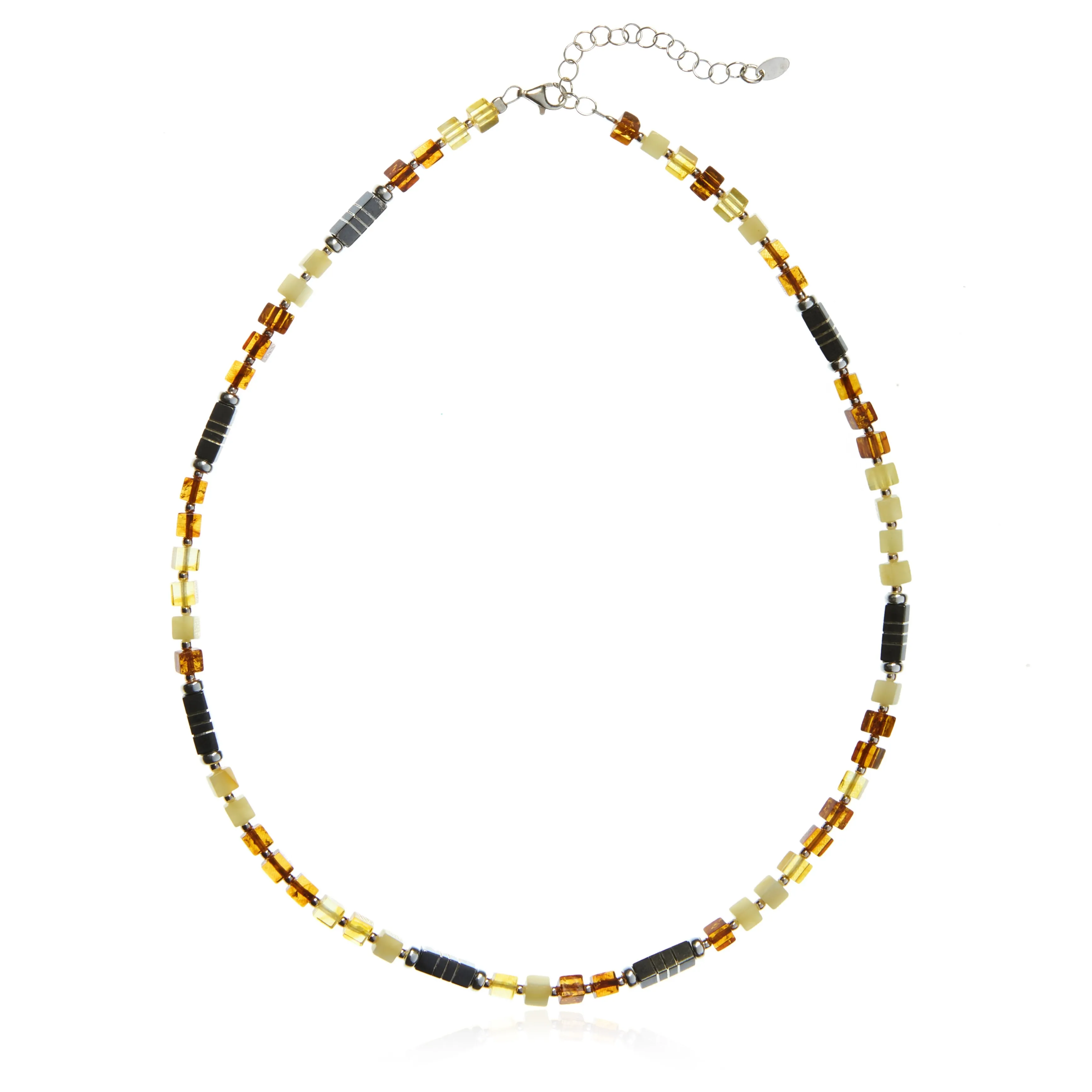 Naszyjnik srebrny oksydowany z cytrynowym,  mlecznym i koniakowym  bursztynem