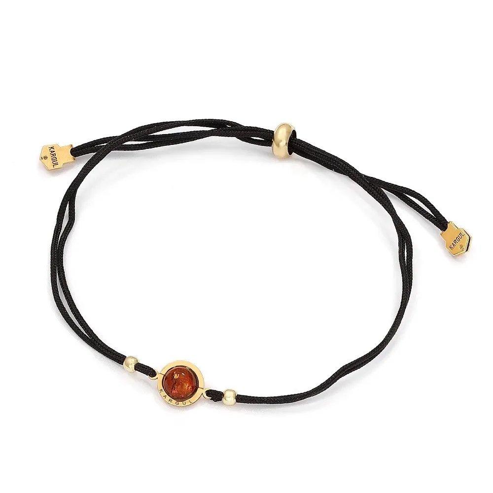 Bransoletka na  czarnym sznurku z koniakowym  bursztynem pixel