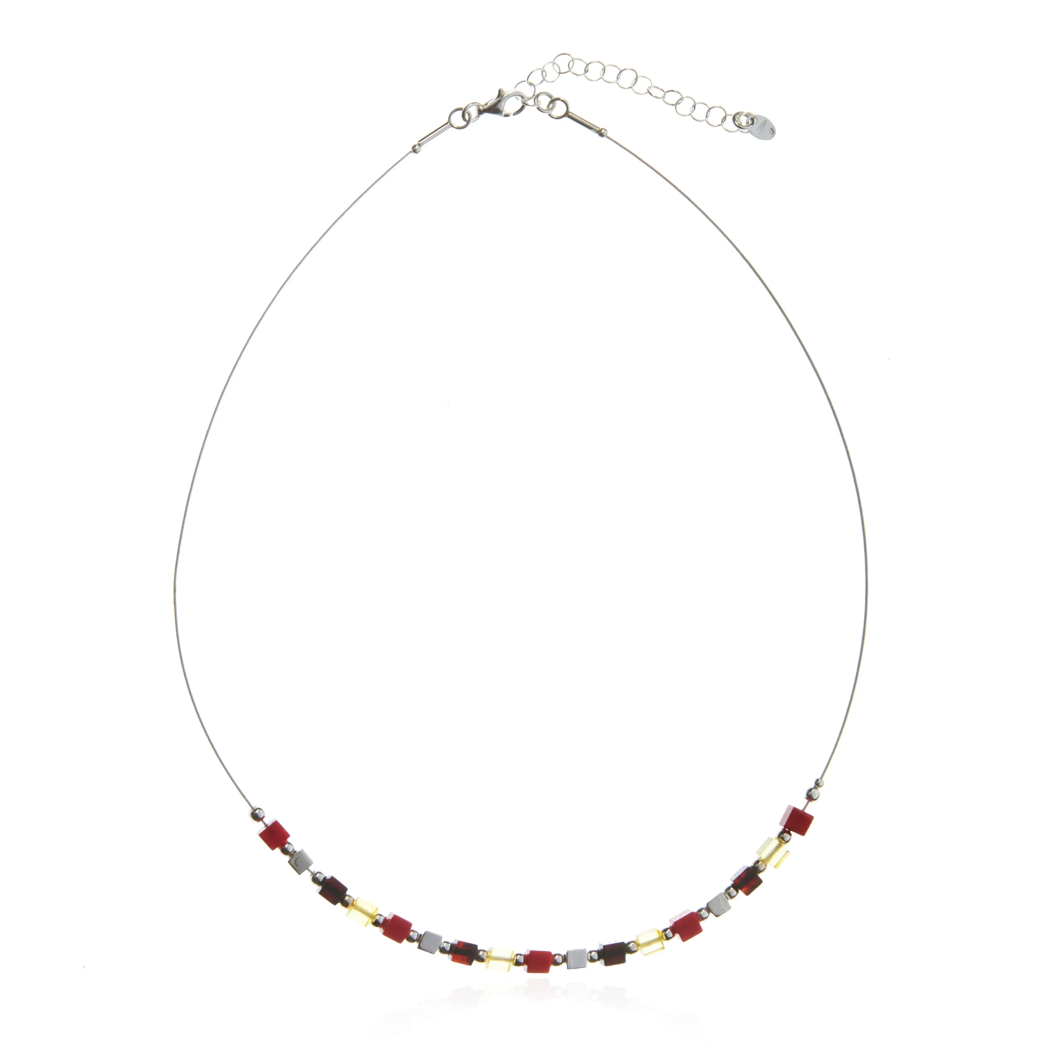 Naszyjnik srebrny  kostka z cytrynowym i wiśniowym bursztynem oraz koralem