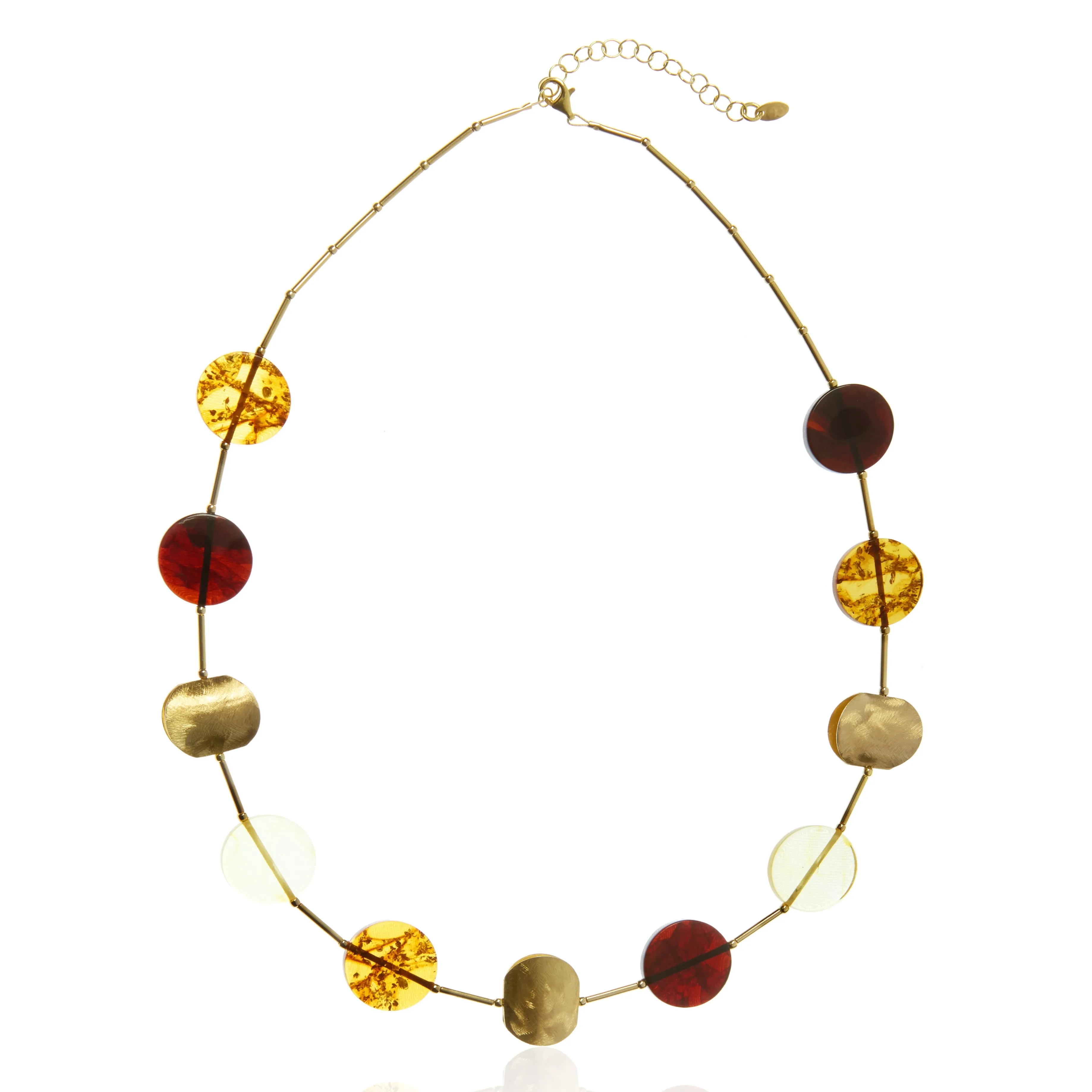 Oryginalny naszyjnik srebrny pozłacany 47 cm z bursztynowymi dyskami