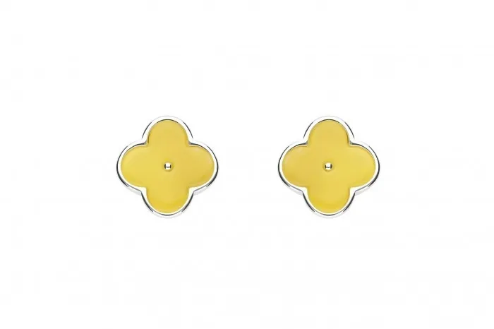 Kolczyki srebrne z żółtym mlecznym bursztynem koniczynka marokańska