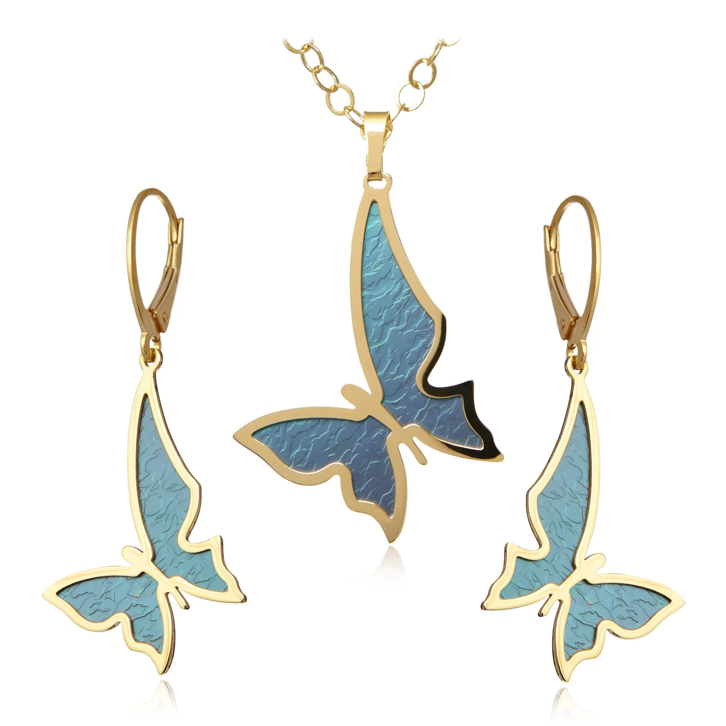 Komplet biżuteria srebrna pozłacana motylki z niebieskim tytanem