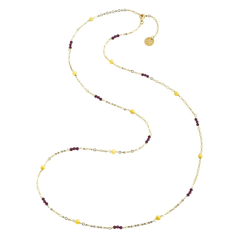 Naszyjnik srebrny pozłacany   78 cm  z mlecznym bursztynem i granatami