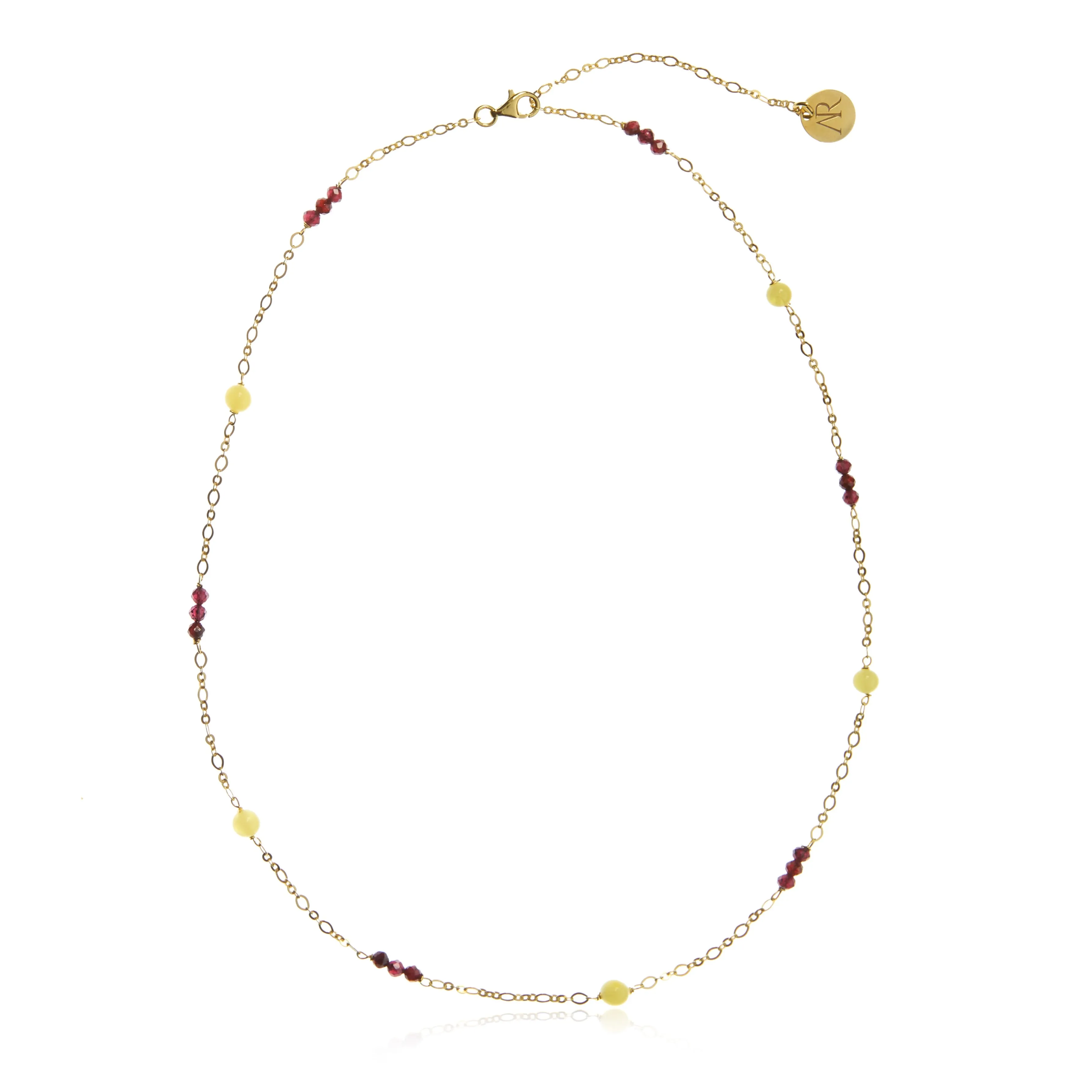 Naszyjnik srebrny pozłacany 50 cm z mlecznym bursztynem i granatami