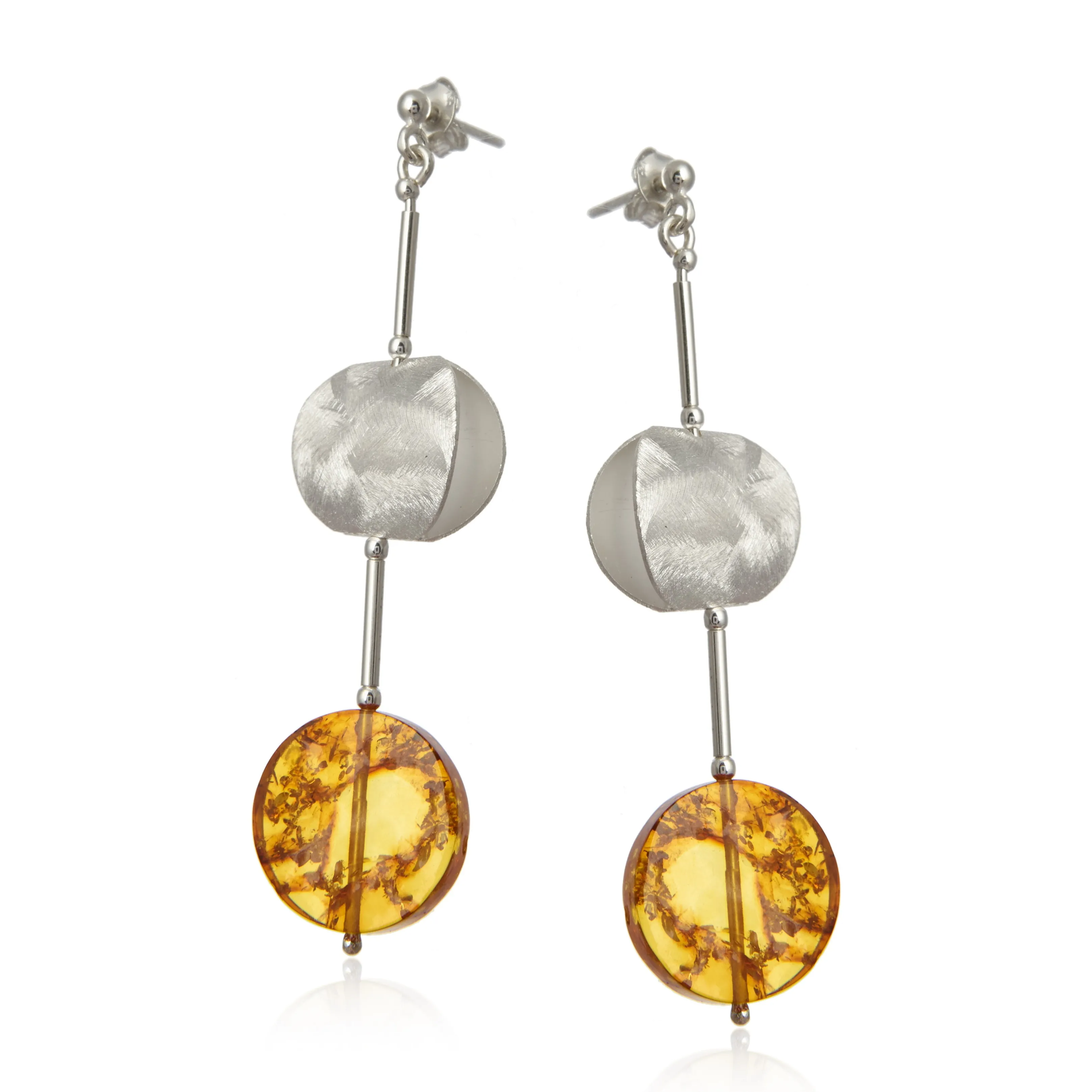 Oryginalne widowiskowe kolczyki z bursztynowym kółkiem srebro  - szczotkowane srebro