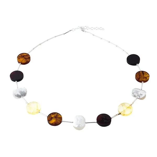 Oryginalny naszyjnik srebrny z bursztynowymi dyskami
