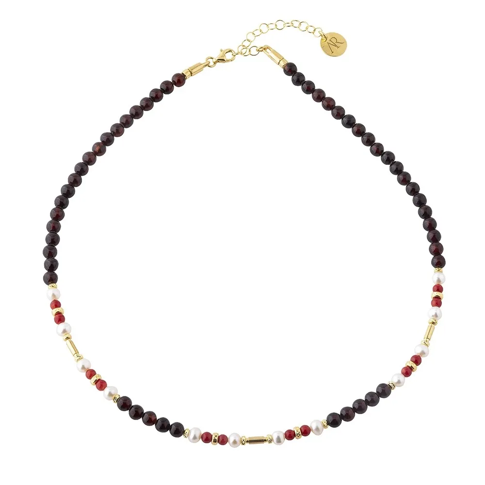 Klasyczna kolia srebrna pozłacana z koralem perłami i wiśniowym bursztynem