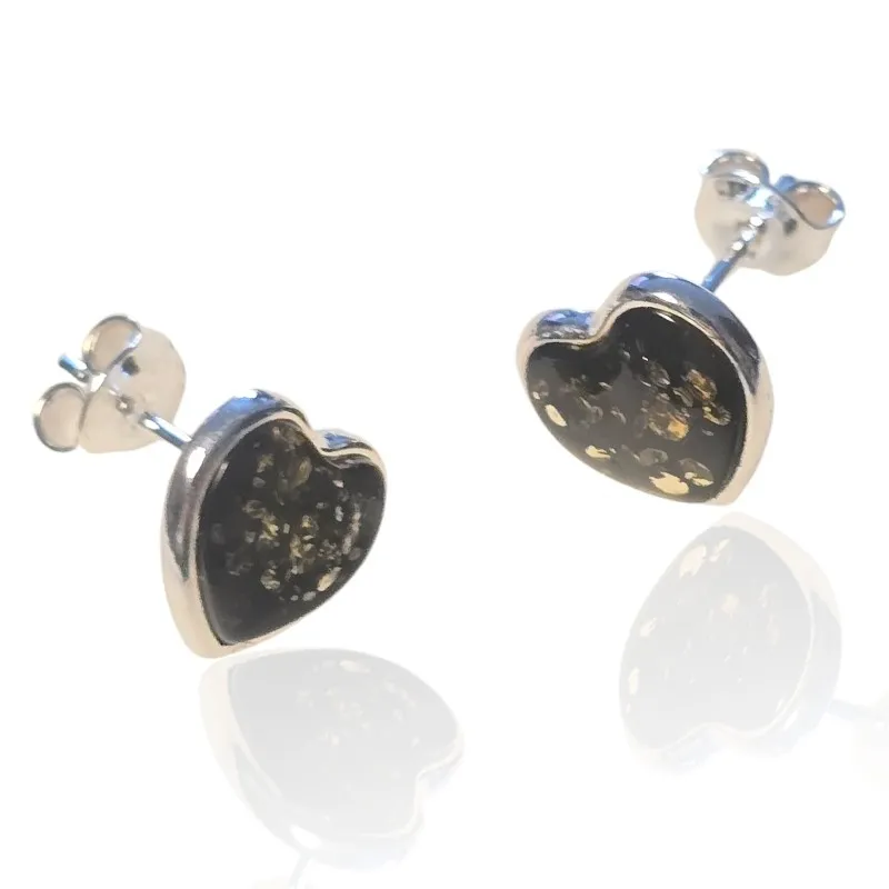 Kolczyki srebrne serduszka z zielonym bursztynem