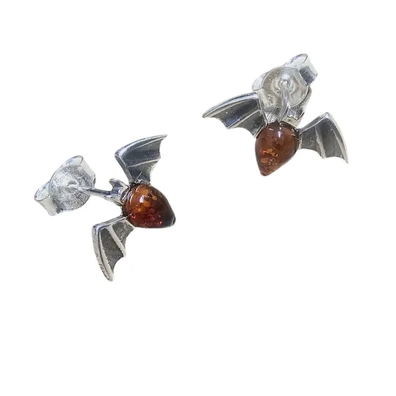 Kolczyki srebrne  z bursztynem nietoperze