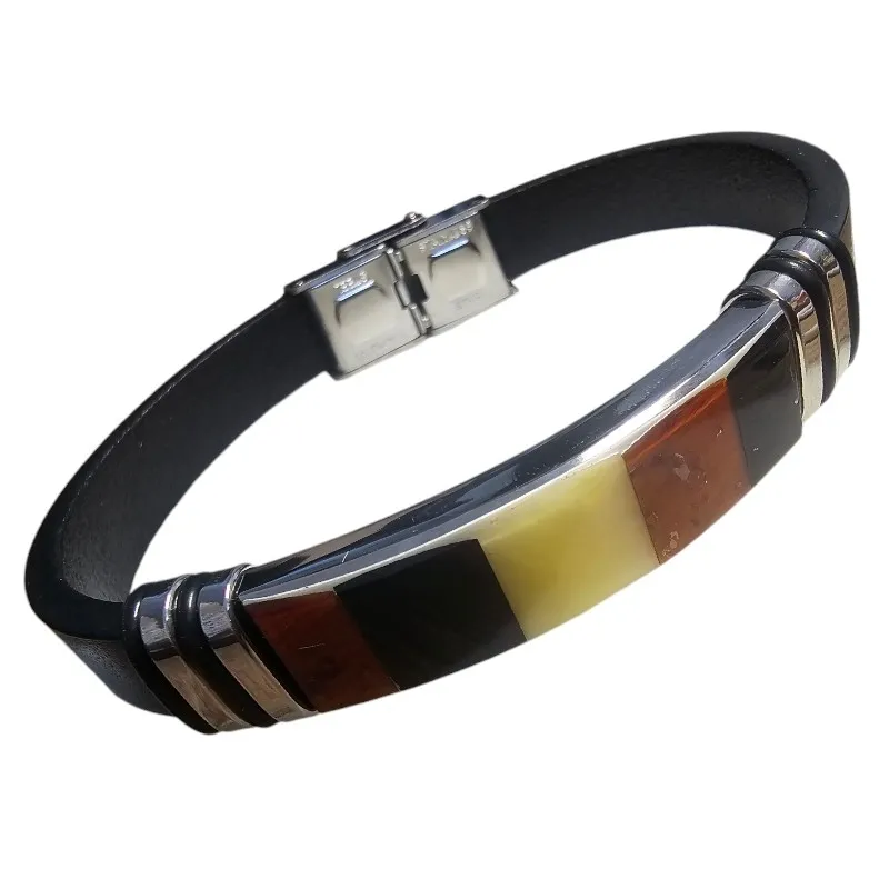 Bransoletka unisex ze skóry i kolorowego  bursztynu