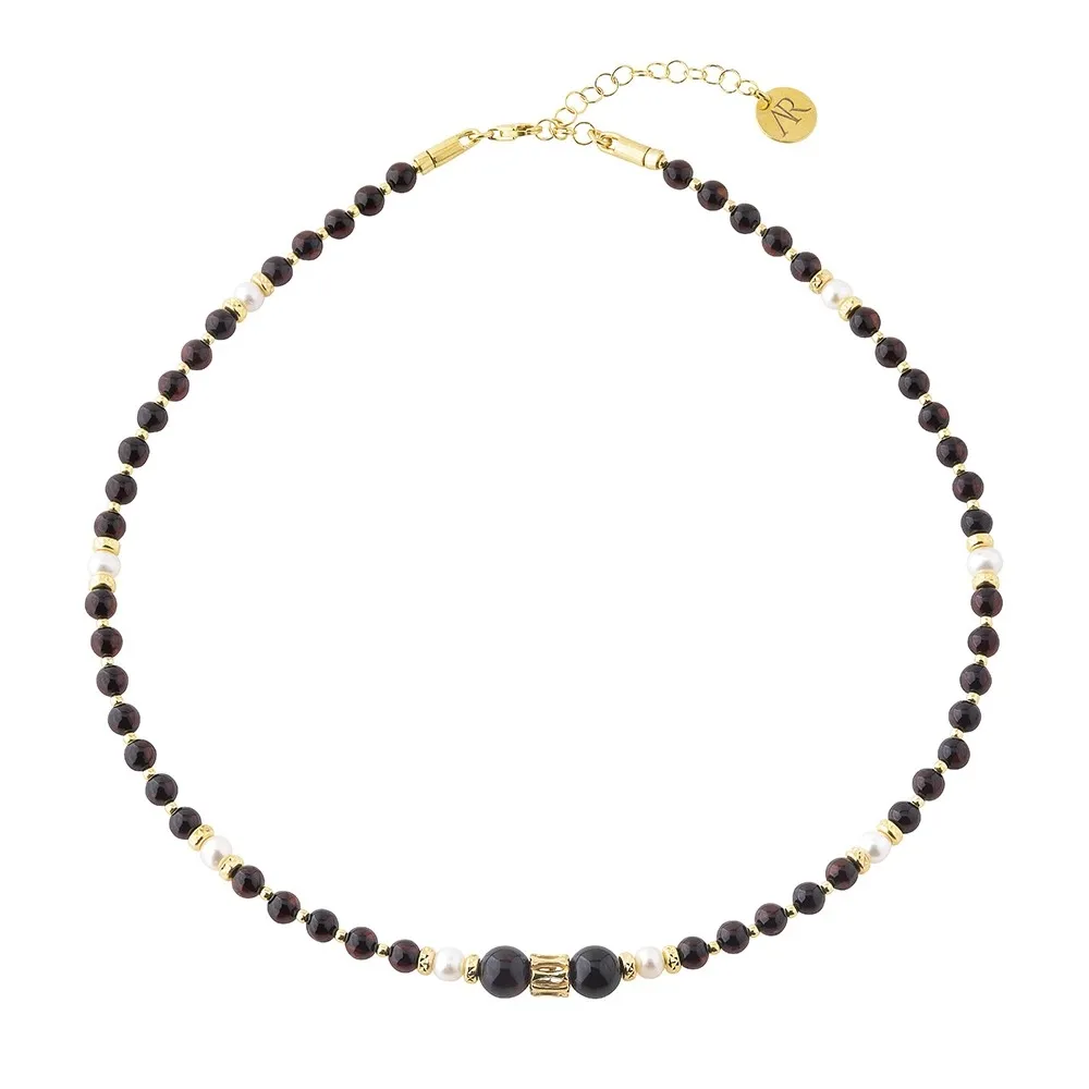 Elegancki naszyjnik srebrny pozłacany z wiśniowym bursztynem i perełkami kulki