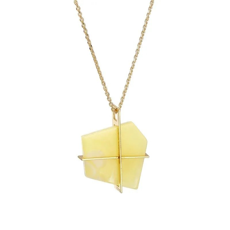 Naszyjnik srebrny pozłacany z żółtym bursztynem polygon