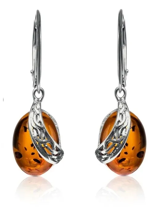 Kolczyki srebrne z bursztynem koniakowym