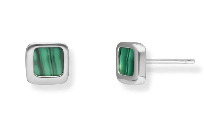 Kolczyki srebrne  kwadraty z zielonym malachitem