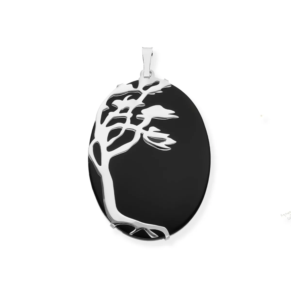 Srebrna zawieszka owalna z onyksem drzewko  szczęscia