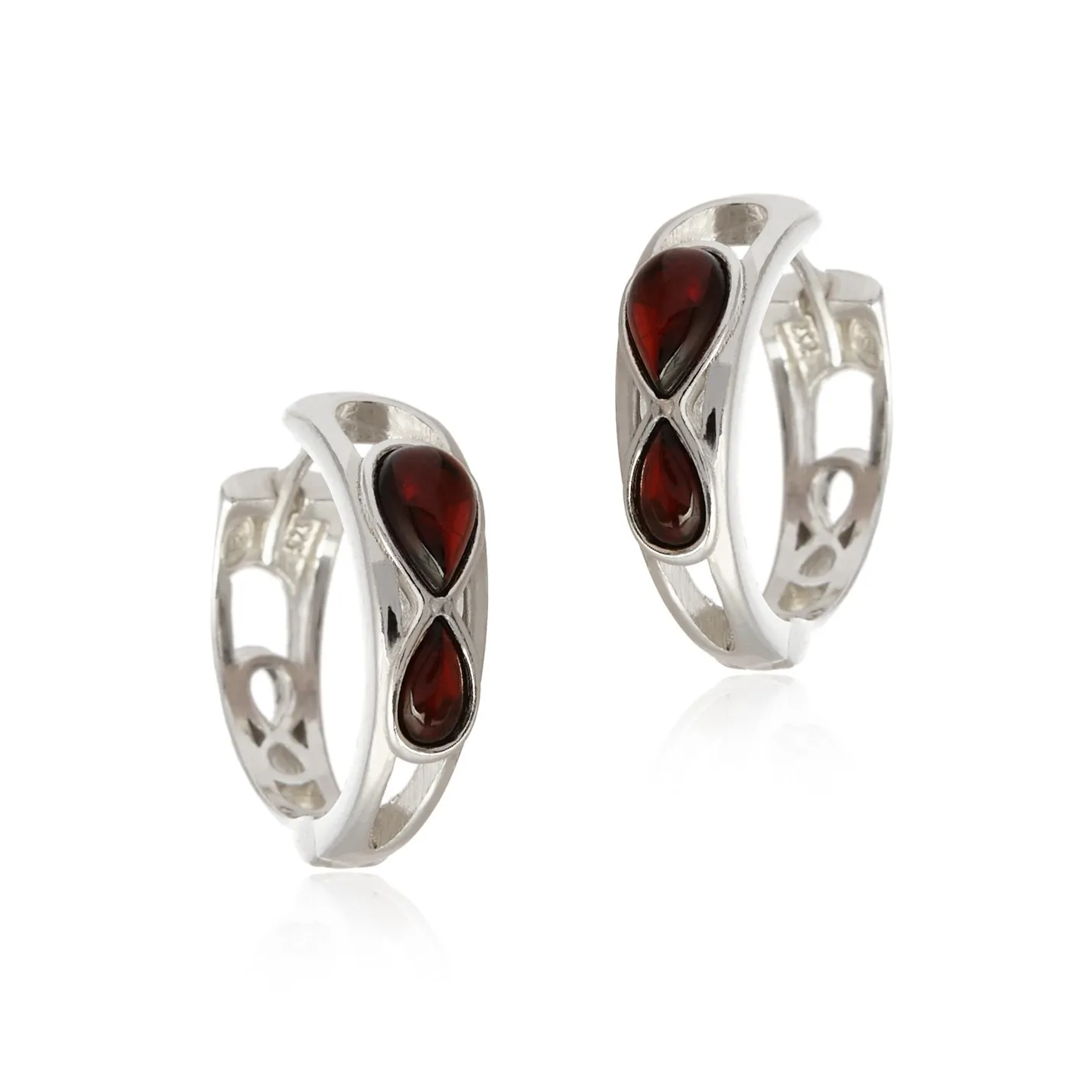 Kolczyki srebrne z bursztynem wiśniowym nieskończoność