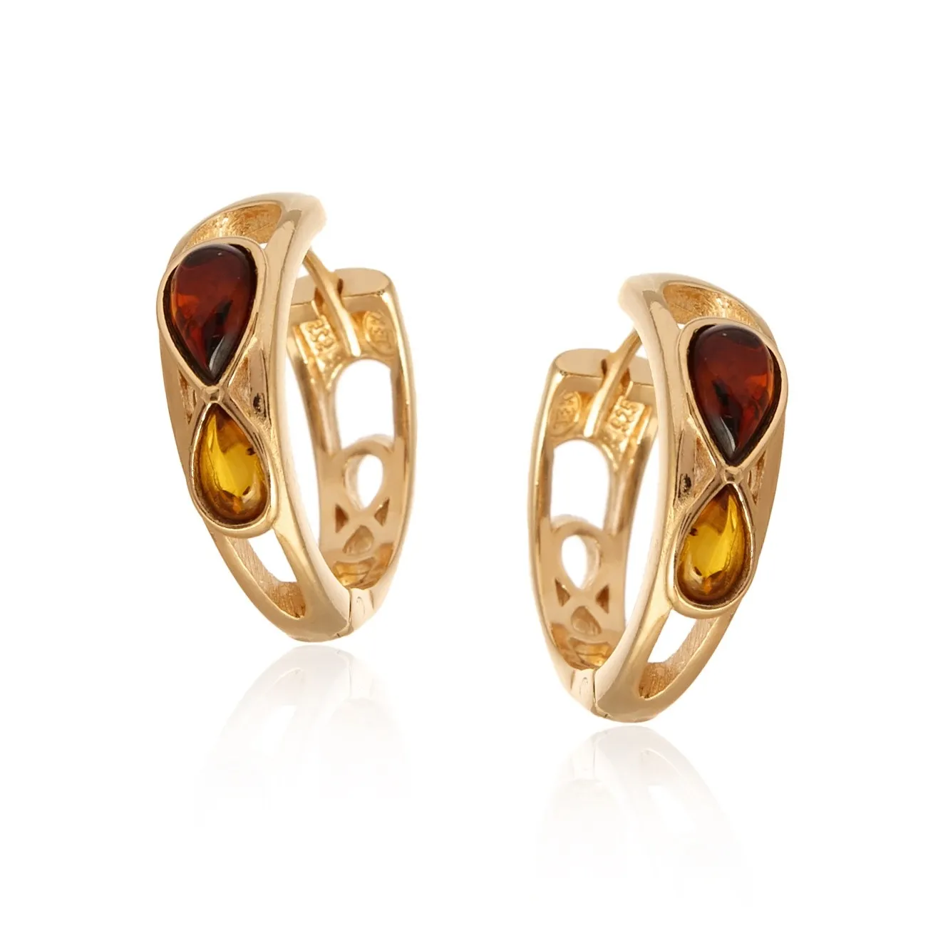 Kolczyki srebrne pozłacane z koniakowym bursztynem  kółka