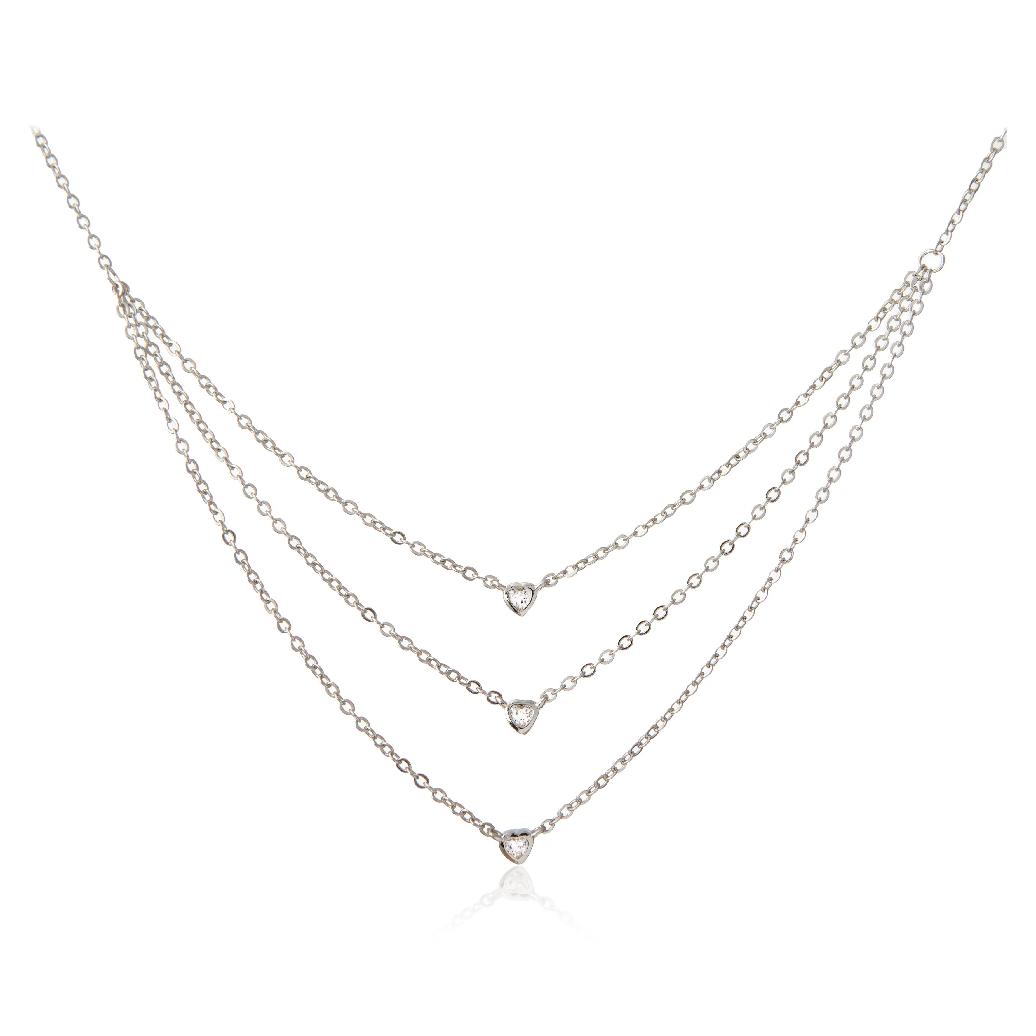 Naszyjnik srebrny kaskadowy potrójny  z cyrkoniamii  serduszka