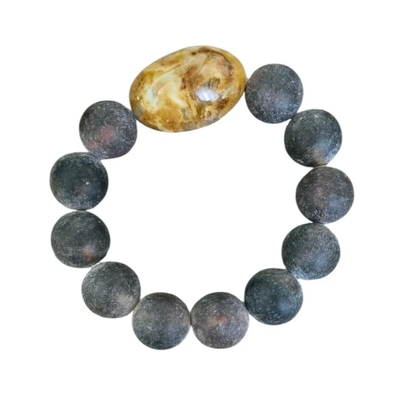 Bransoleta bursztynowa matowa kule 1,5 cm i dużą polerowaną 3 cm/ 2 cm