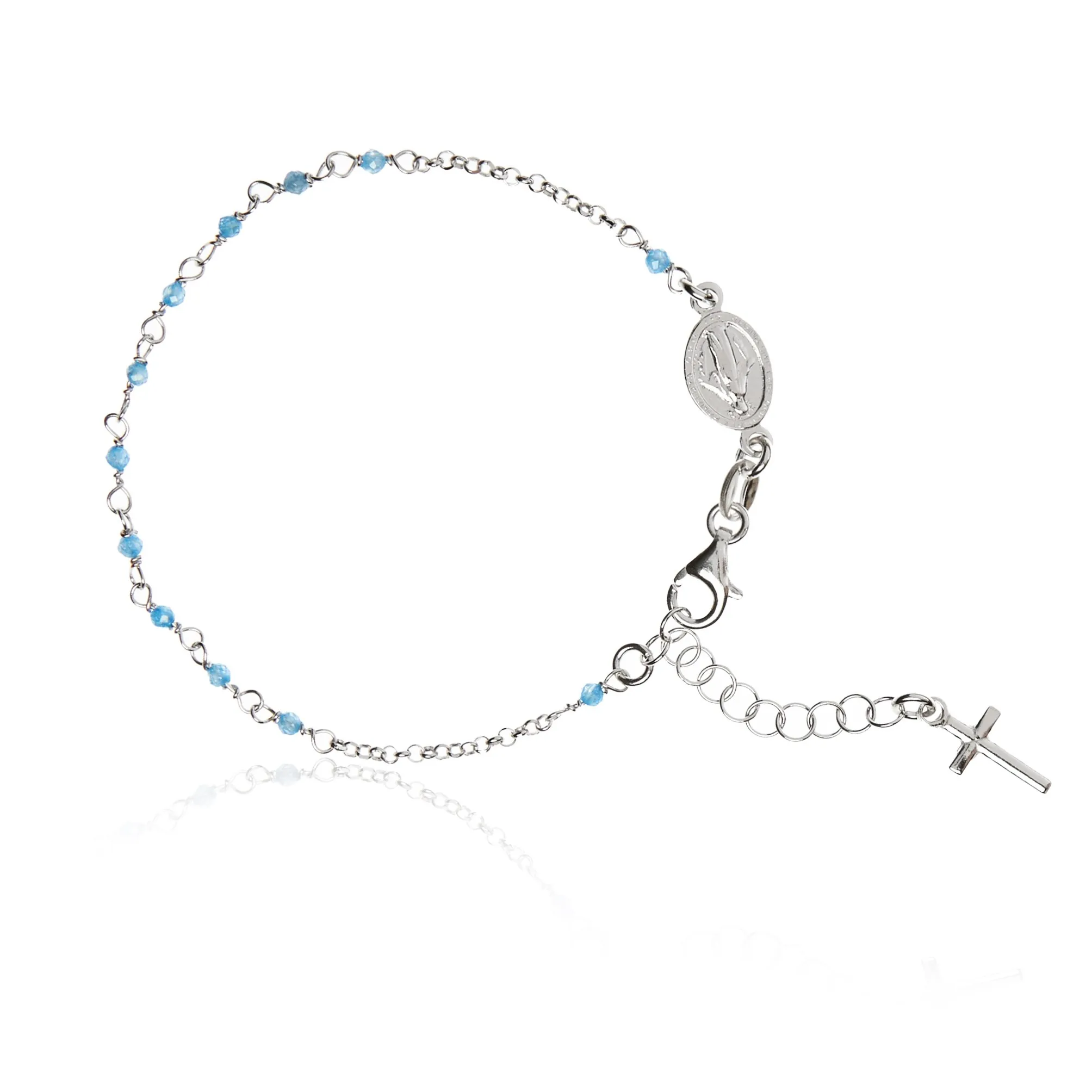 Bransoletka srebrna rodowana różaniec z niebieskimi kryształkami