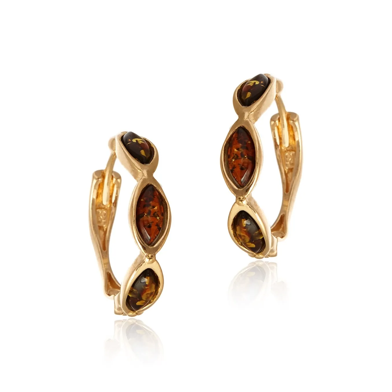 Kolczyki srebrne pozłacane kółka  z bursztynem wiśnia z zielonymi łuskami