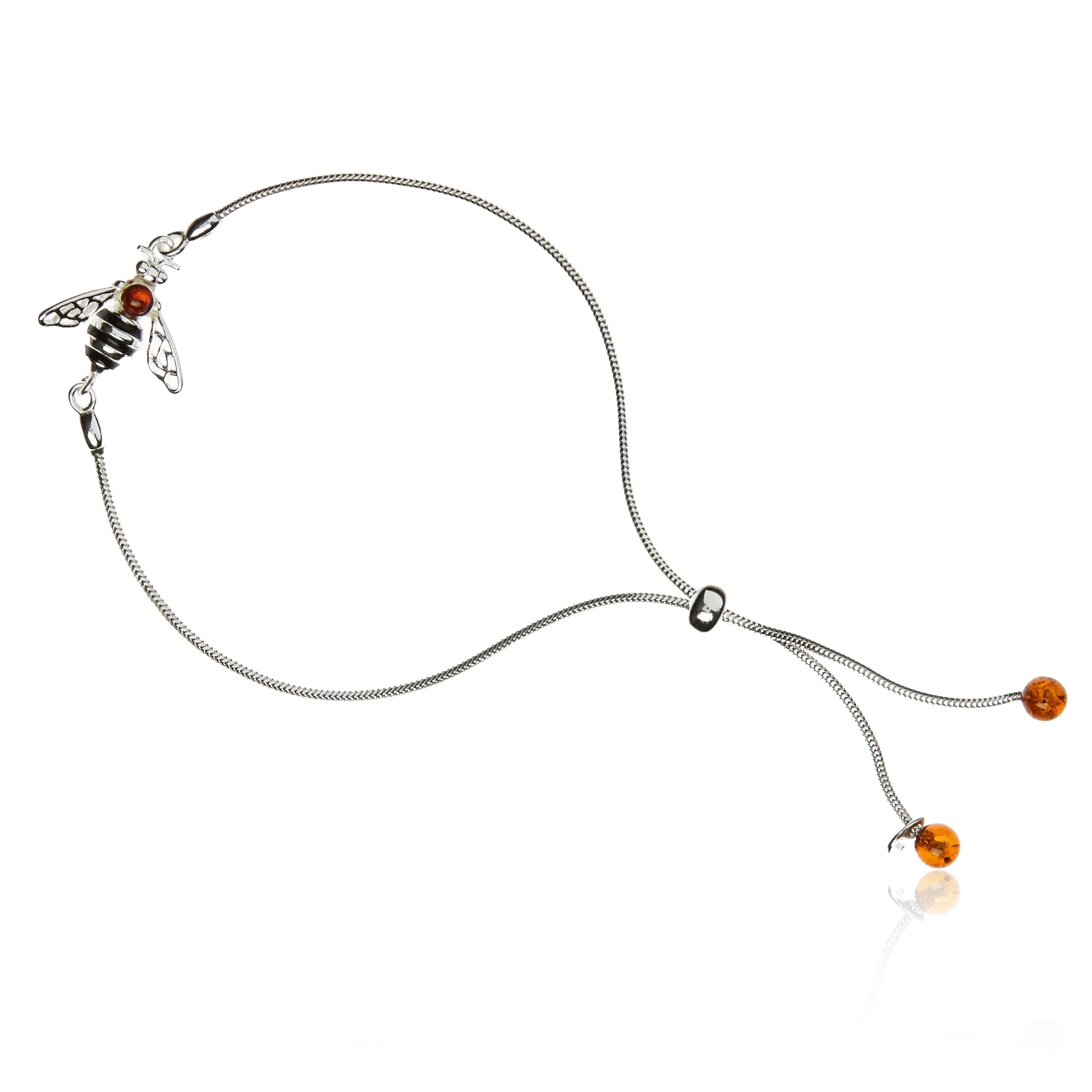 Srebrna bransoletka z bursztynem pszczółka  na ściągaczu