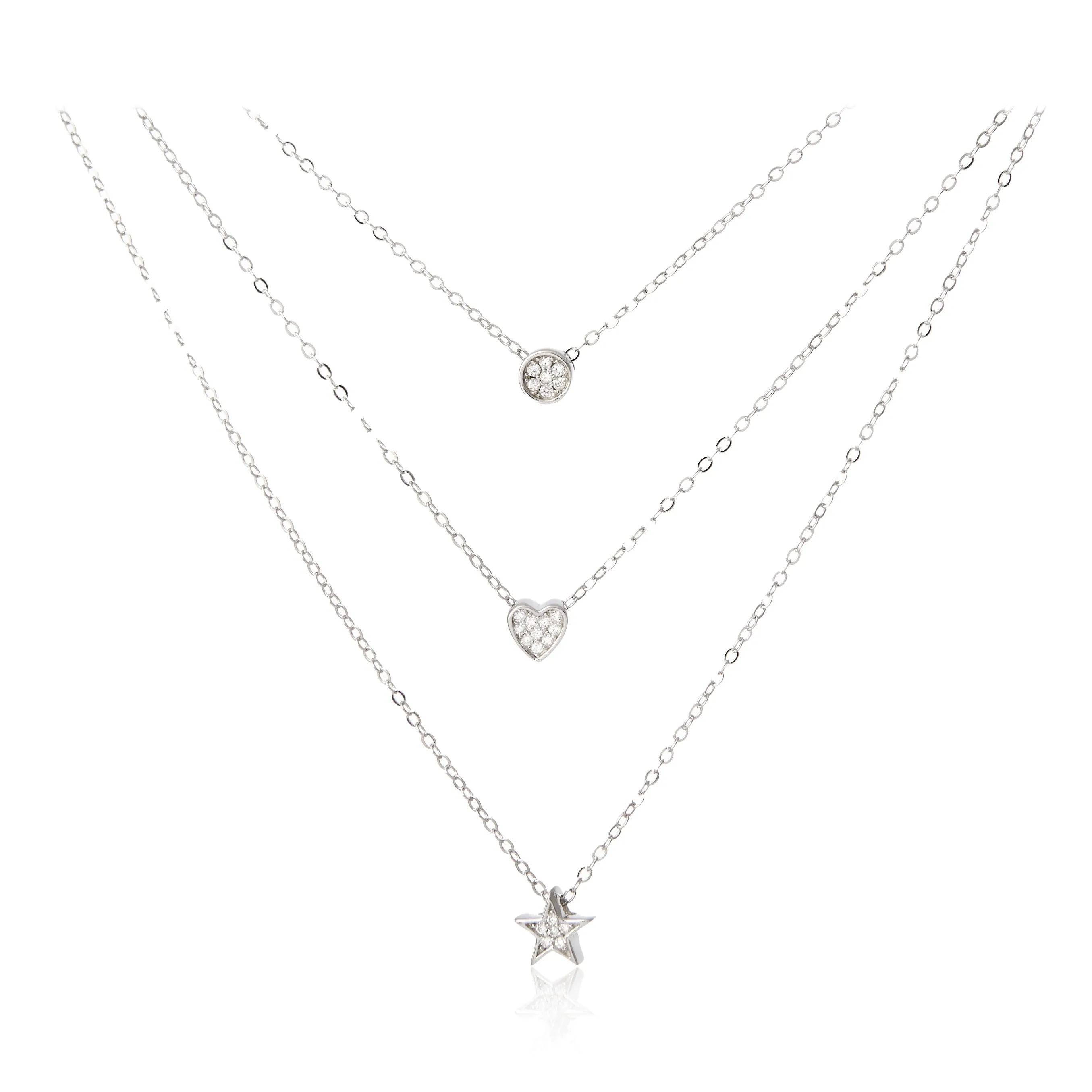 Naszyjnik srebrny kaskadowy z mikrocyrkoniami kółko-serce-gwiazdka