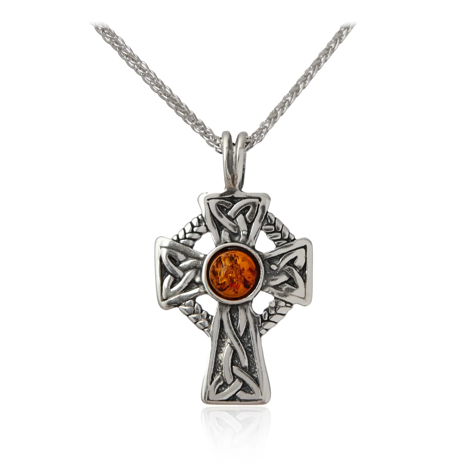 Krzyżyk srebrny z bursztynem - krzyż  celtycki